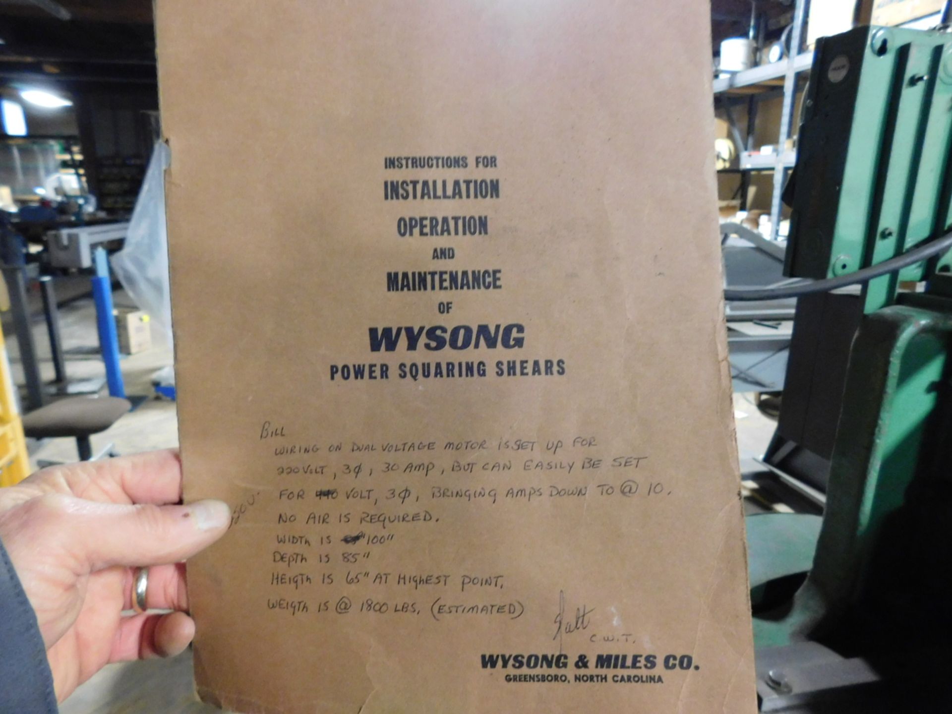 WYSONG POWER SHEAR, MODEL 1252, CAPACITY 12 GA. X 52", FRONT SUPPORTS, REAR OPERATED MANUAL - Image 5 of 6