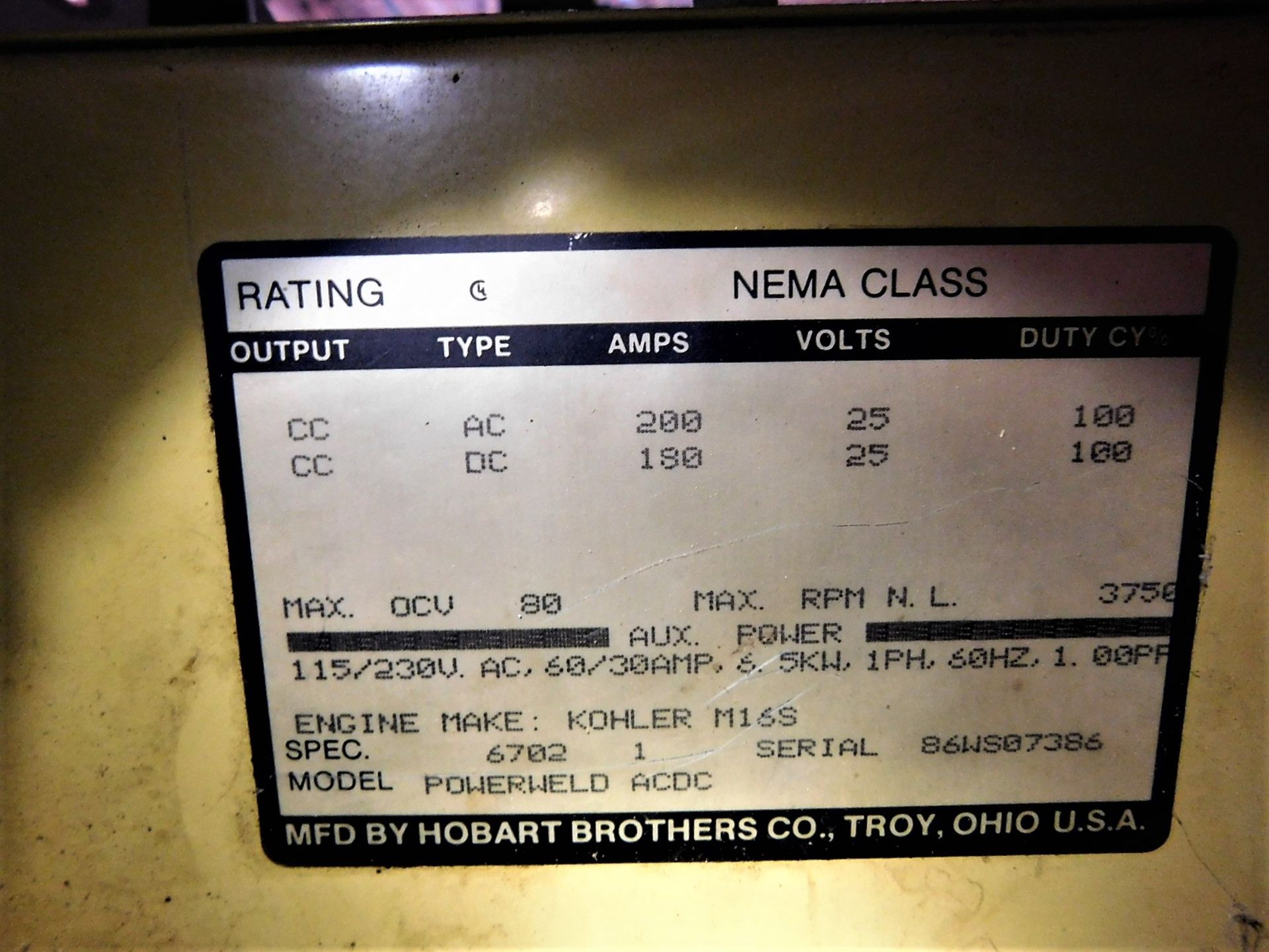 HOBART POWERWELD PORTABLE GASOLINE POWERED AC/DC WELDING POWER SOURCE, S/N 86WS07386, 6500 WATTS, W/ - Image 5 of 6