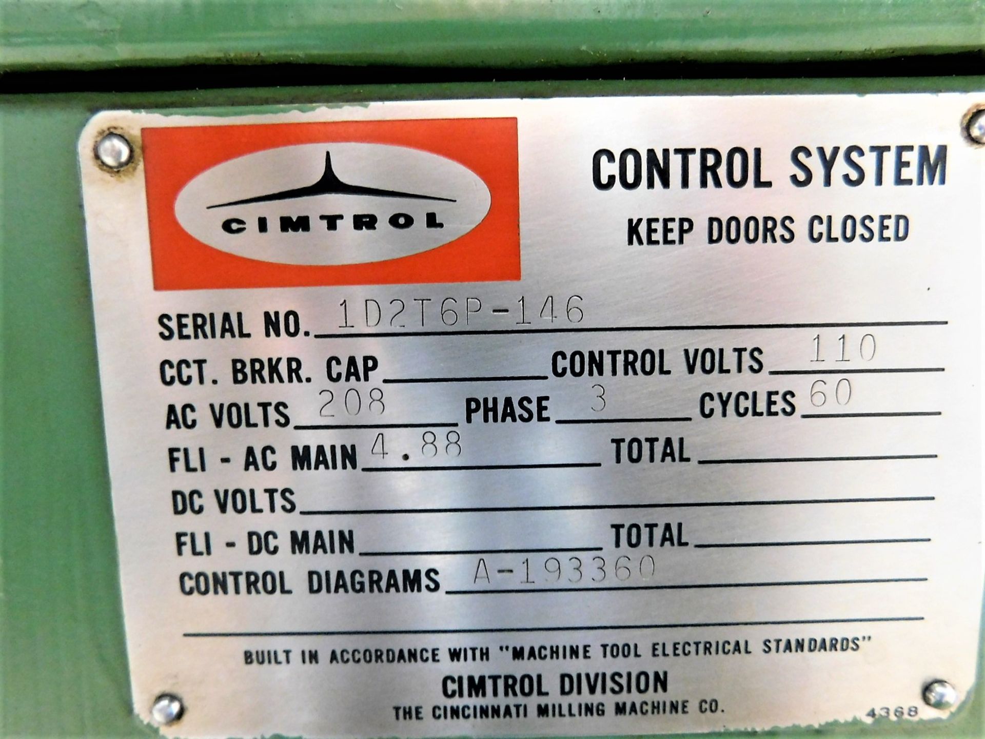 CINCINNATI 6" X 36" NO. 2 TOOL AND CUTTER GRINDER, CIMTROL CONTROL SYSTEM, S/N 1D2T6P-146, POPE - Image 6 of 8