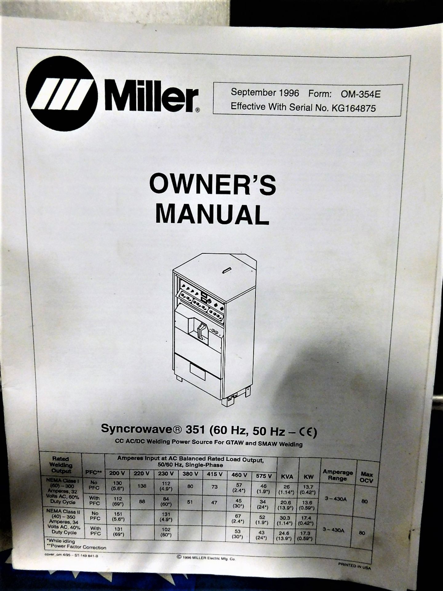 MILLER SYNCROWAVE 351 AC/DC WELDING POWER SOURCE, STOCK NO. 903219, S/N KH309794, W/ BERNARD WATER - Image 6 of 6