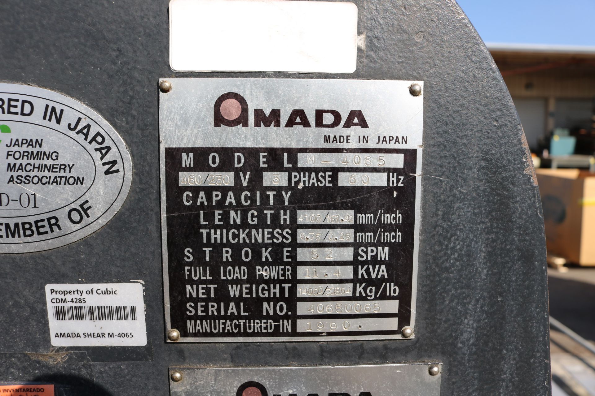 1990 AMADA M-4065 SHEAR, 161.42" X .25" CAPACITY, MECHANICAL, AMADA CONTROL, 52 SPM, RIGHT HAND - Image 6 of 7