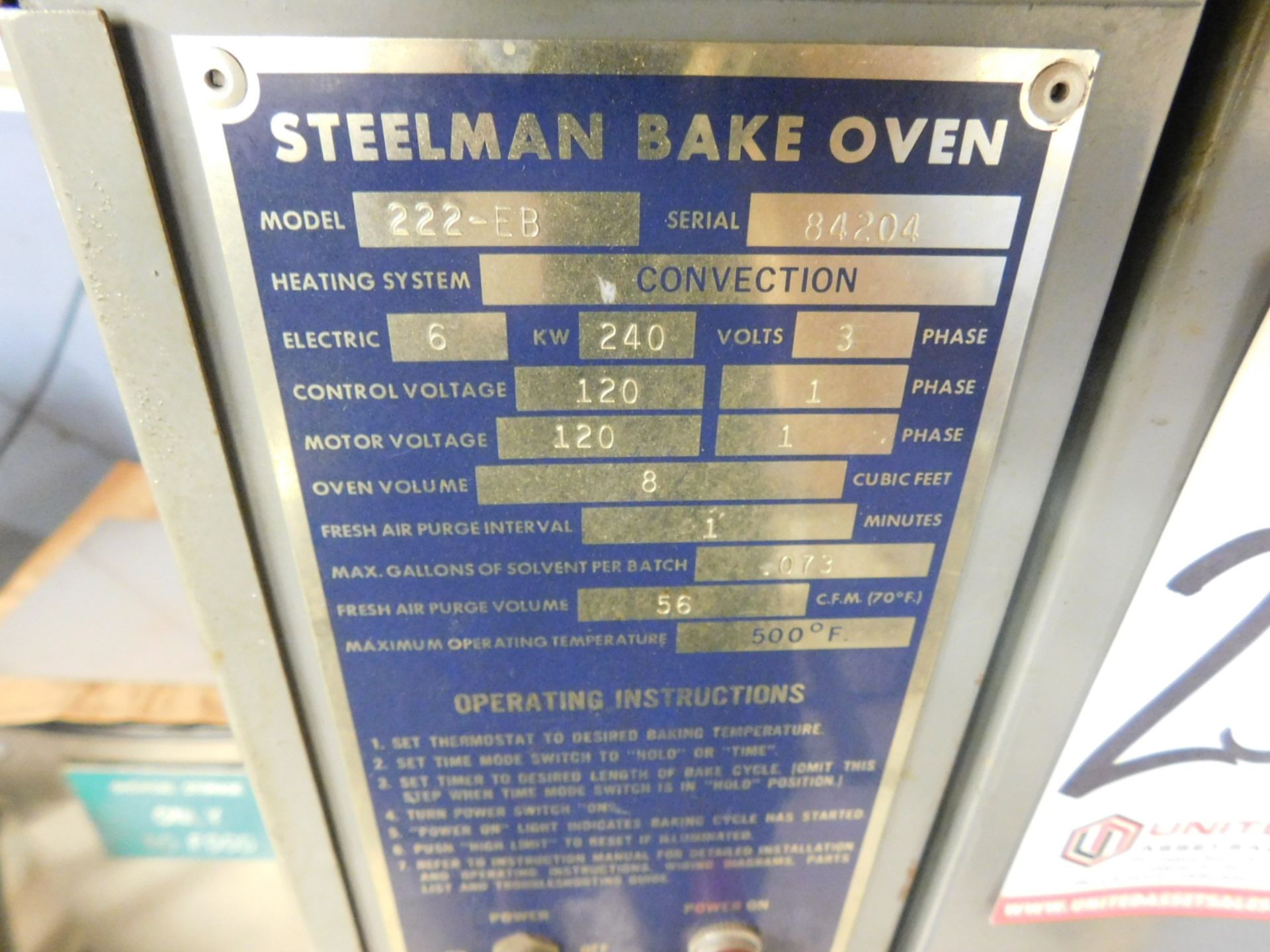 STEELMAN BAKE OVEN, MODEL 222-EB, ELECTRIC, 500°F, S/N 84204 - Image 2 of 3