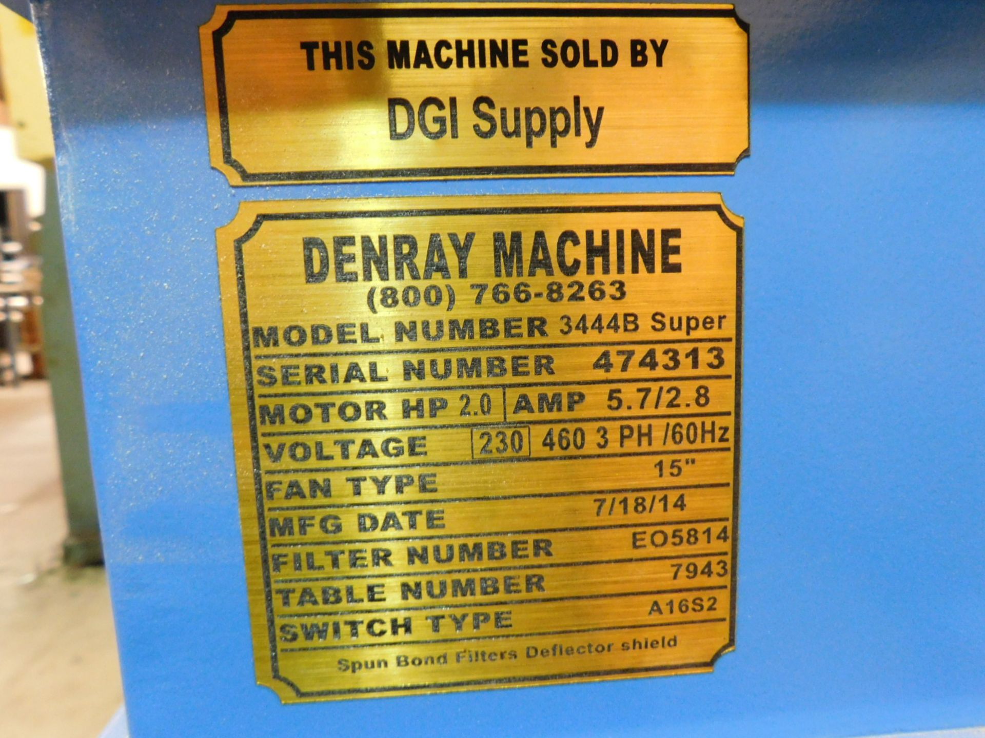 2014 DENRAY DOWNDRAFT TABLE, MODEL 3444B SUPER, 2 HP, S/N 474313, WORKTOP MEASURES 41" X 32" - Image 3 of 3