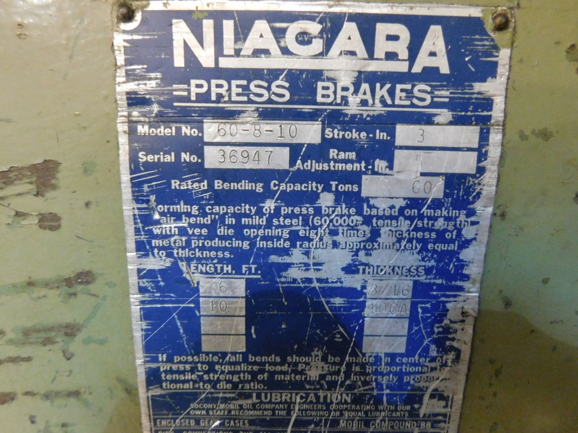 NIAGARA 60-8-10 PRESS BRAKE, 60-TON X 10' CAPACITY, S/N 36947 - Image 3 of 3