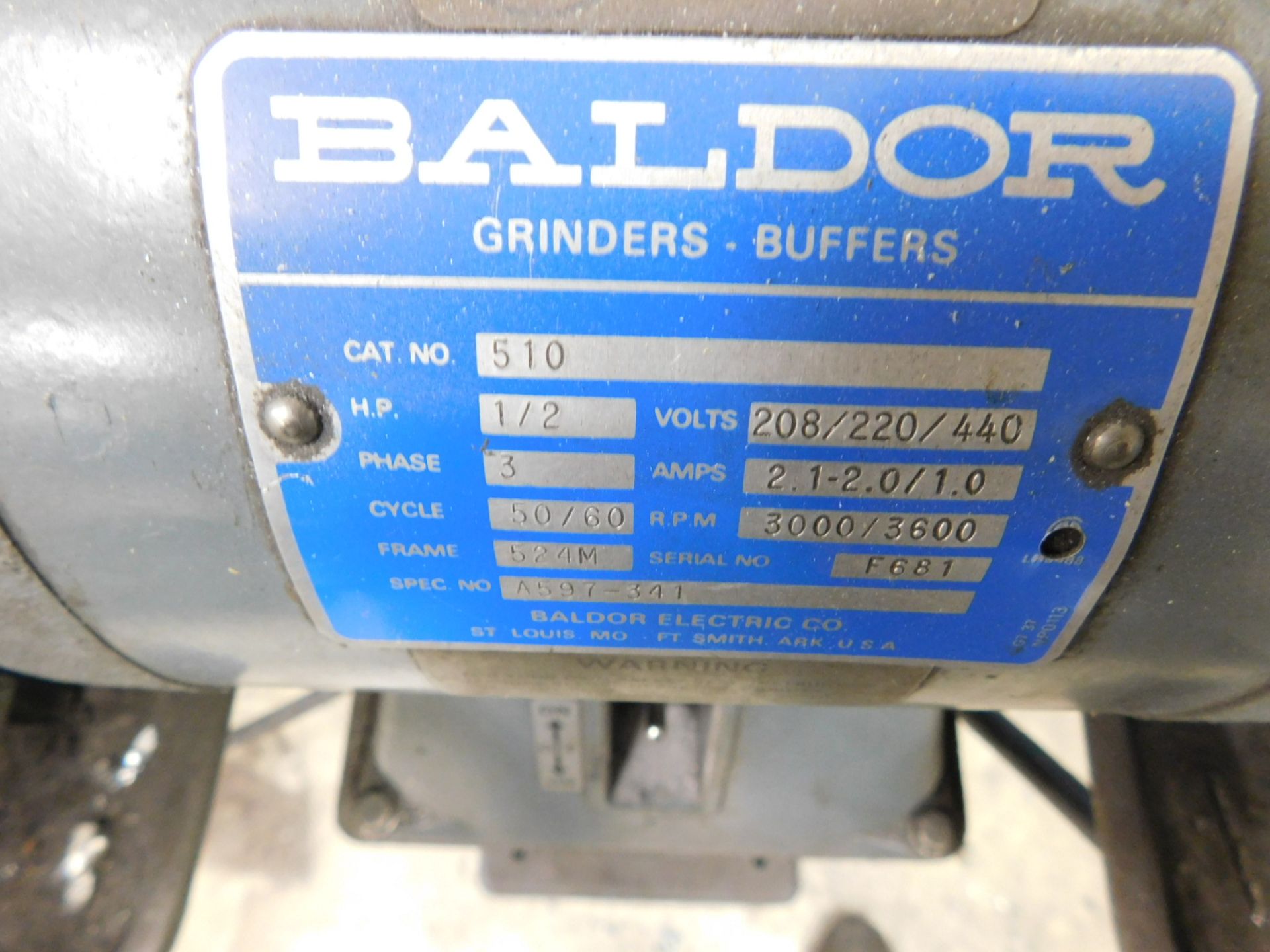 BALDOR 510 6" TOOL GRINDER, 1/2 HP, 3-PHASE, 208/220/440V, S/N F681, W/ STAND - Image 3 of 3