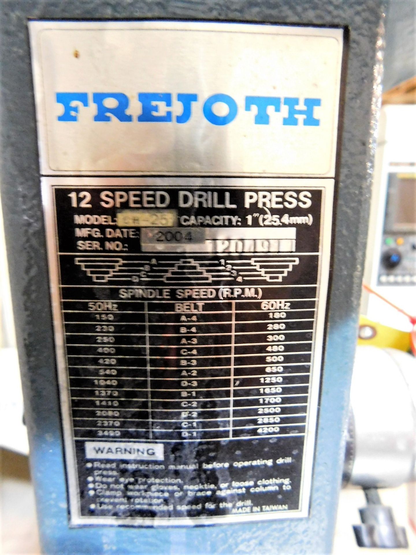 FREJOTH 22" DRILL PRESS, MODEL CH-25, S/N 1204911, FLOOR STAND, 12-SPEED, NO CHUCK - Image 3 of 3
