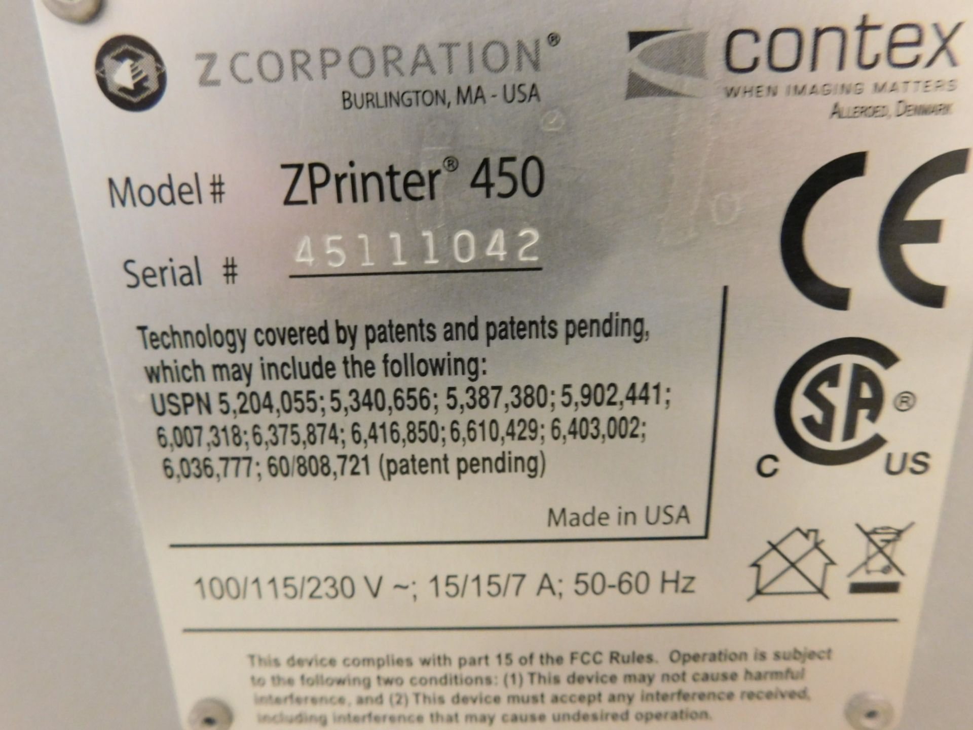 Z CORPORATION COLOR 3D PRINTER, MODEL Z450, S/N 45111042 - Image 3 of 3