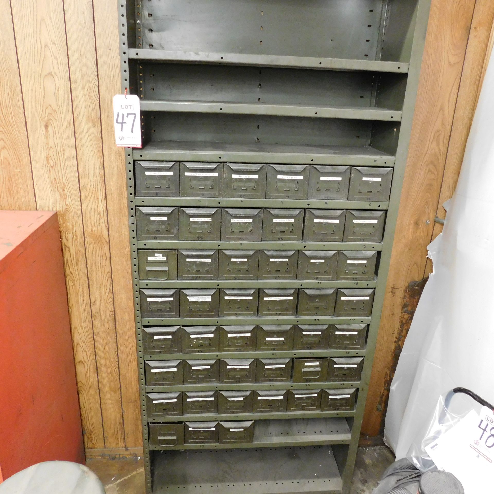 STEEL SHELF UNIT W/ 41 REMOVABLE PARTS BINS