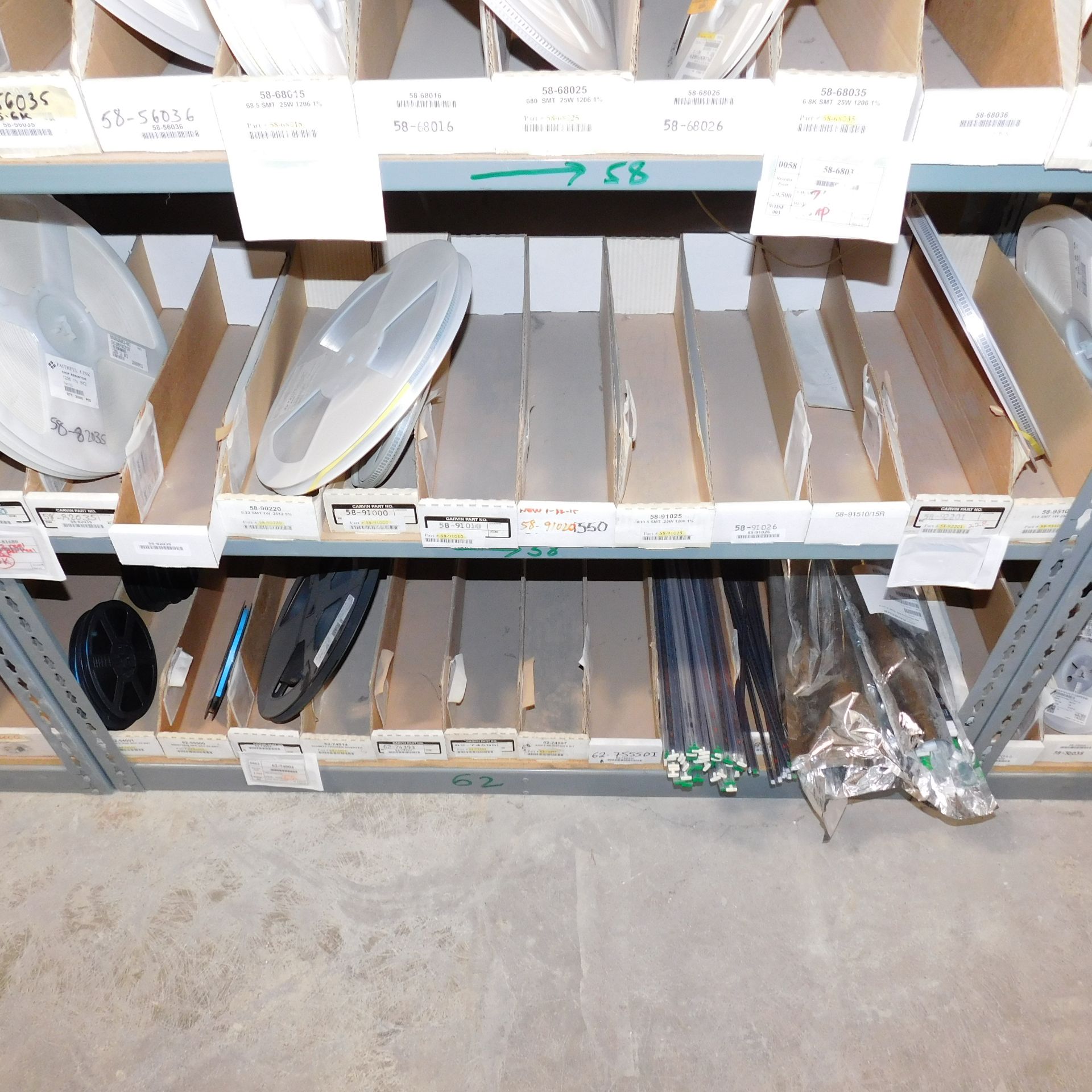 LOT - SHELF UNIT 4' X 18" X 7' W/ ASSORTMENT OF ELECTRONIC COMPONENT FEEDER ROLLS - Image 3 of 3