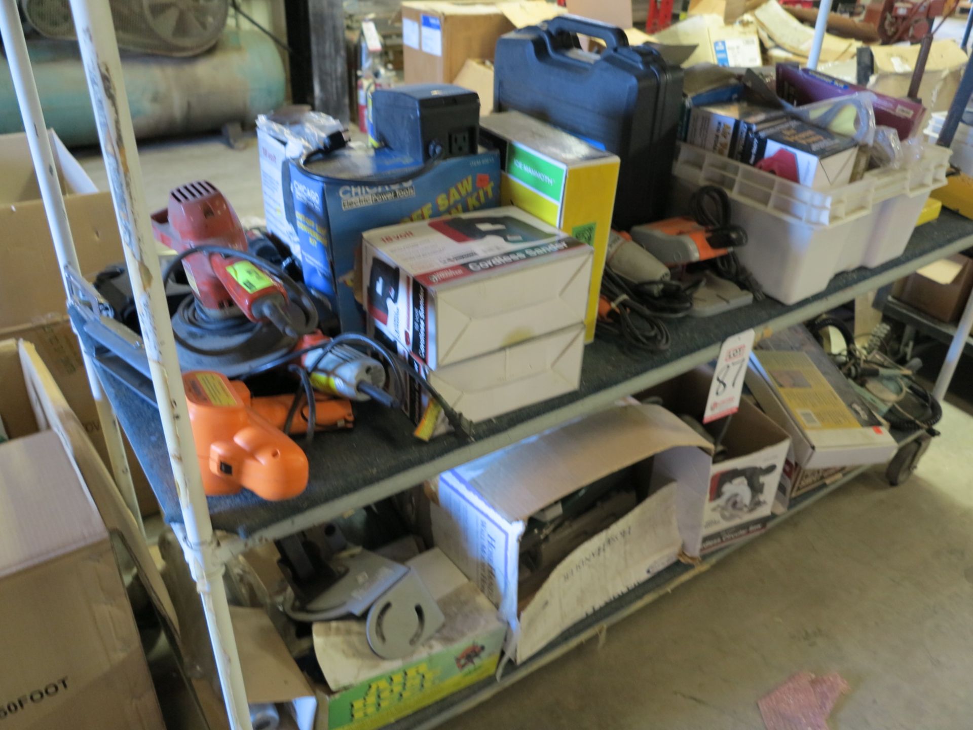 LOT - CONTENTS OF (2) LOWER SHELVES: STUD WELDER, VACUUM PUMP, DRILL, SAW, HOSE REELS - Image 2 of 2