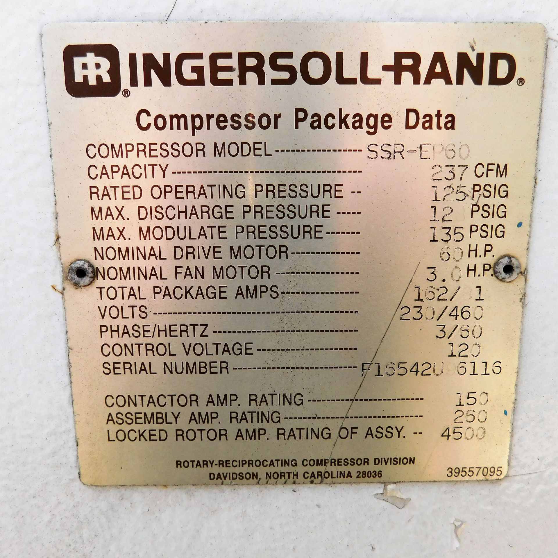 INGERSOLL RAND SSR-EP60 AIR COMPRESSOR, 60 HP, S/N F16542496116 - Image 3 of 3