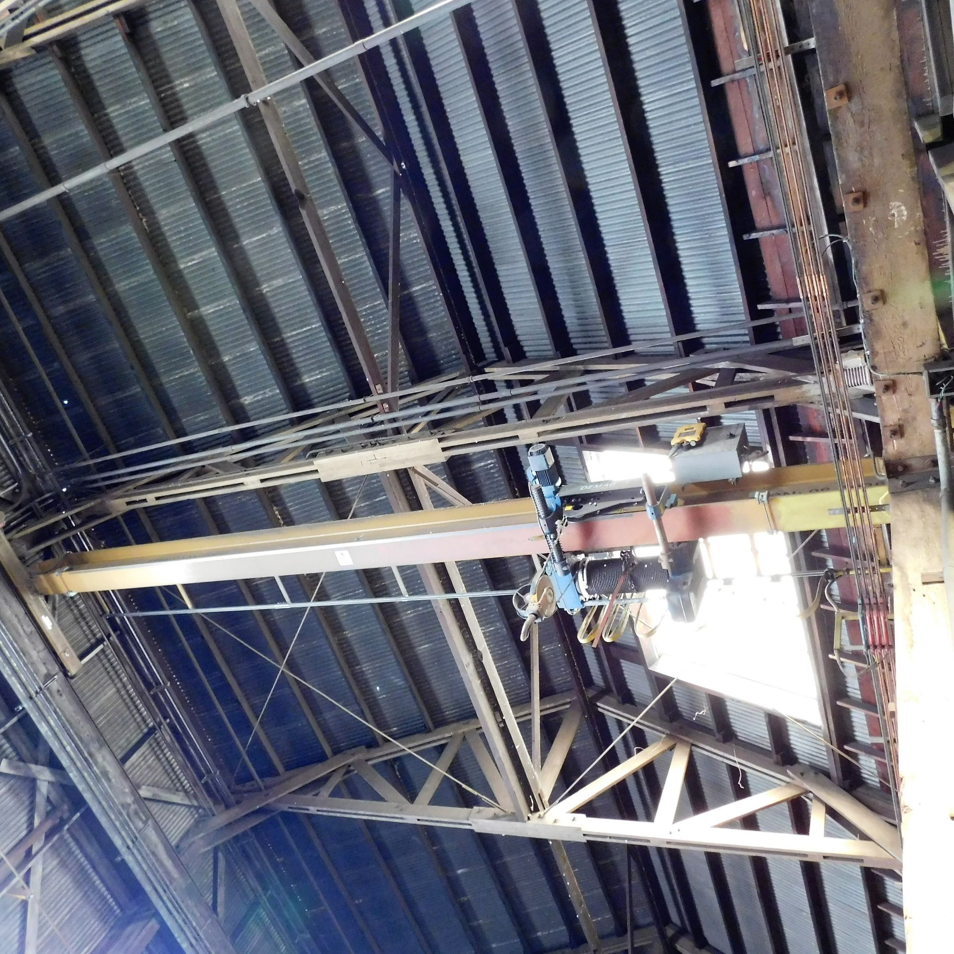 SINGLE I BEAM TOP RUNNING BRIDGE CRANE, 30' SPAN, W/ DEMAG 3-TON ELECTRIC HOIST W/ 3-WAY RADIO