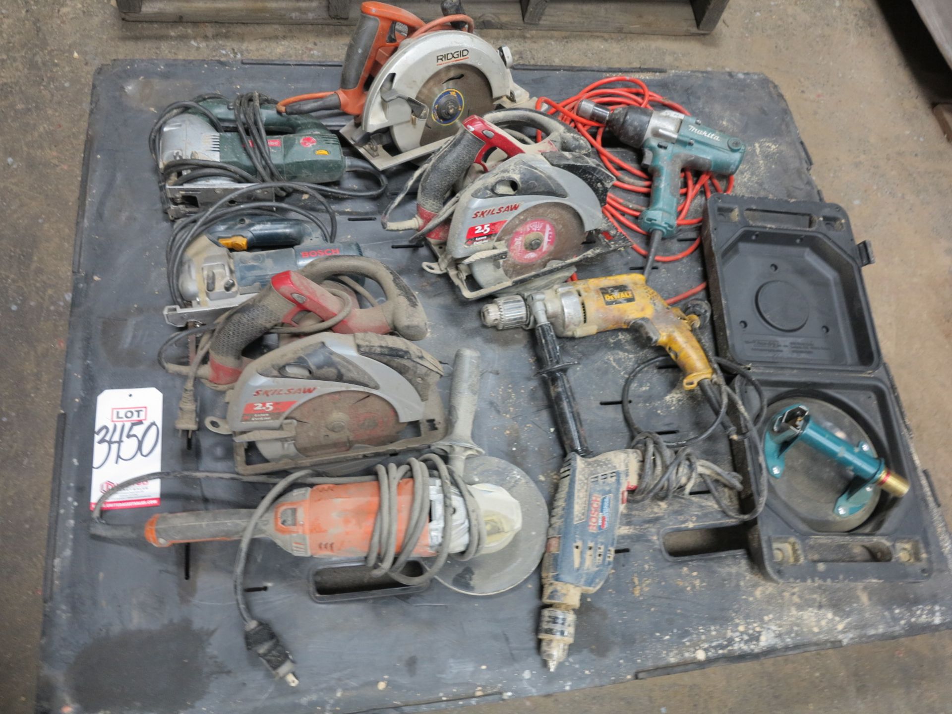 LOT - PALLET OF POWER TOOLS: CIRCULAR SAWS, SCROLL SAWS, DRILLS, ANGLE GRINDER, ETC.