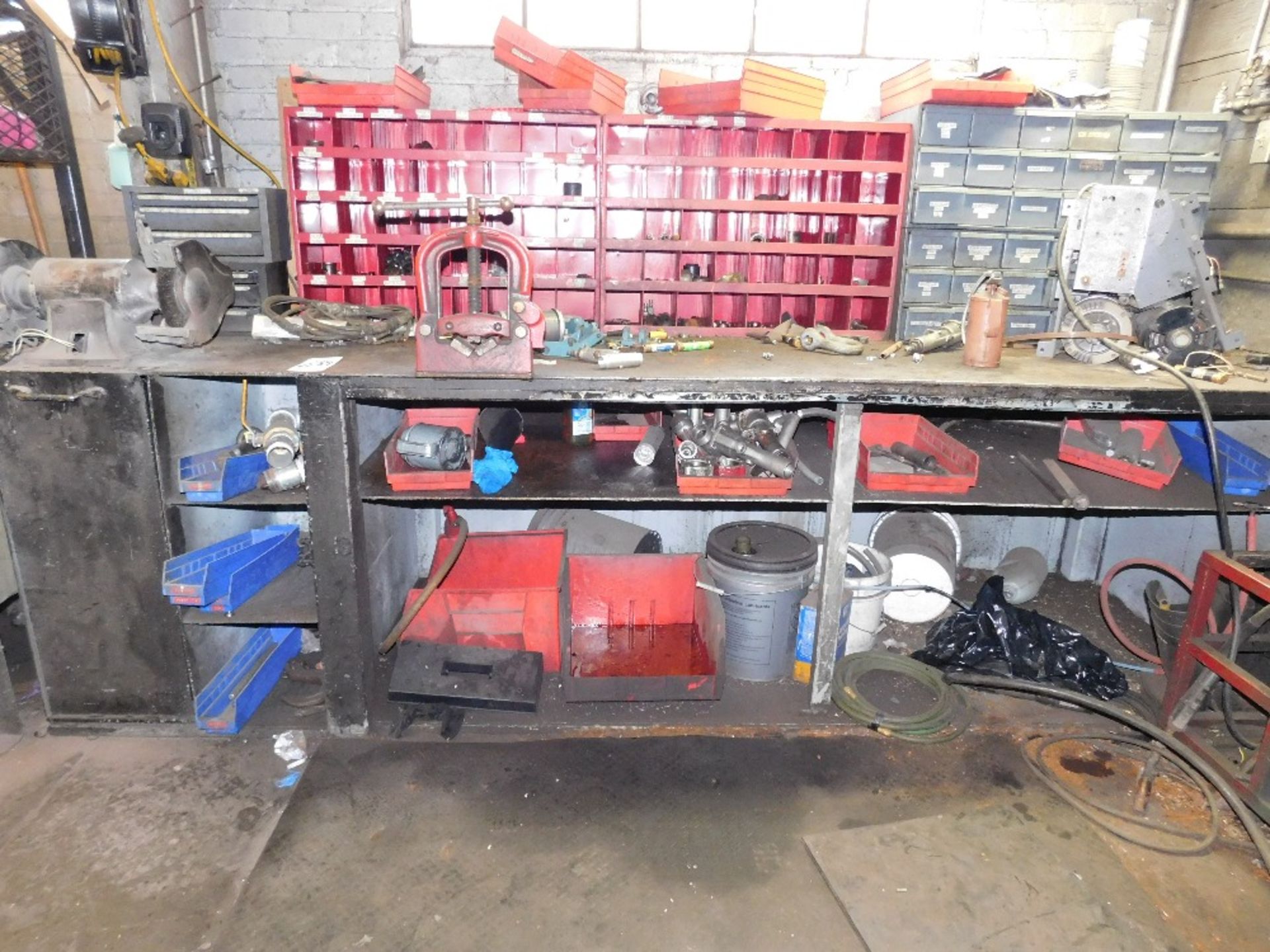 WORKBENCH, 40" X 10' X 7", W/ CONTENTS TO INCLUDE DOUBLE END GRINDER, PIPE VISE, ETC. - Image 2 of 2