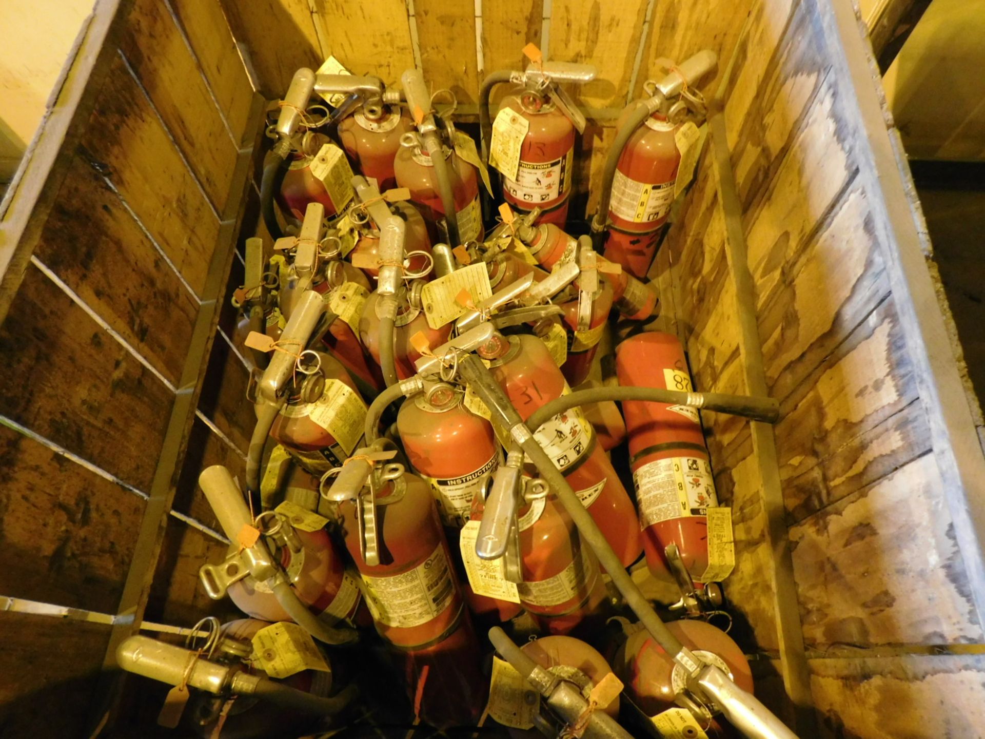 LOT - WOOD CRATE OF FIRE EXTINGUISHERS