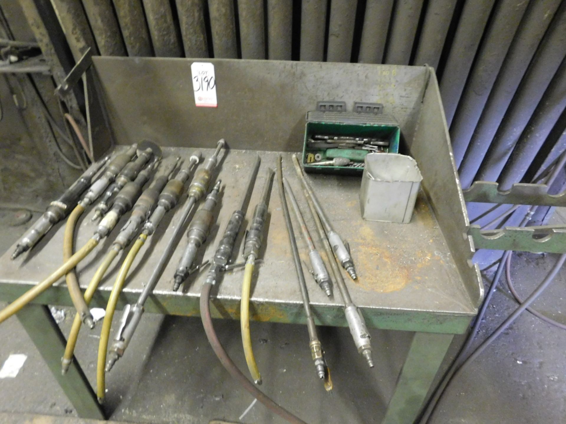 GRINDING BENCH W/ ASSORTED PENCIL GRINDERS, AIR CHISELS, ETC.