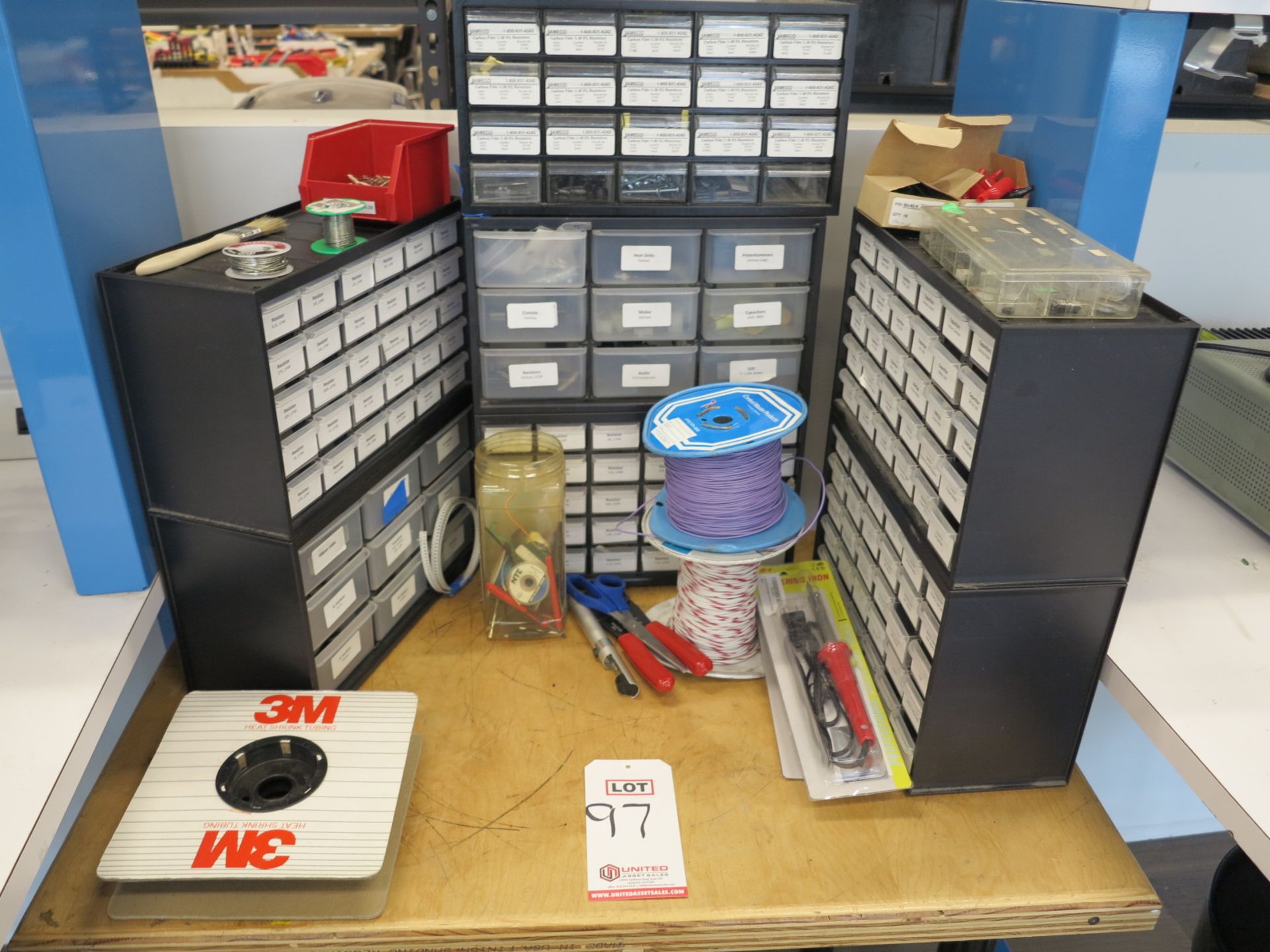 LOT - PARTS BINS W/ CONTENTS, ELECTRONIC COMPONENTS