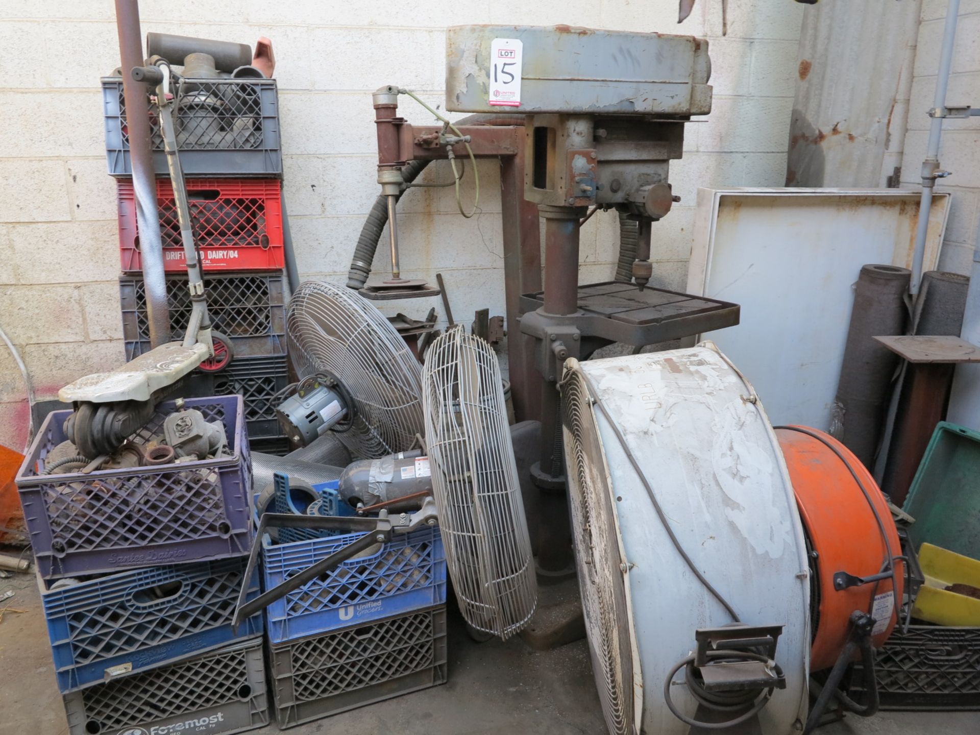 LOT - DRILL PRESS, FANS, CRATES, ETC.