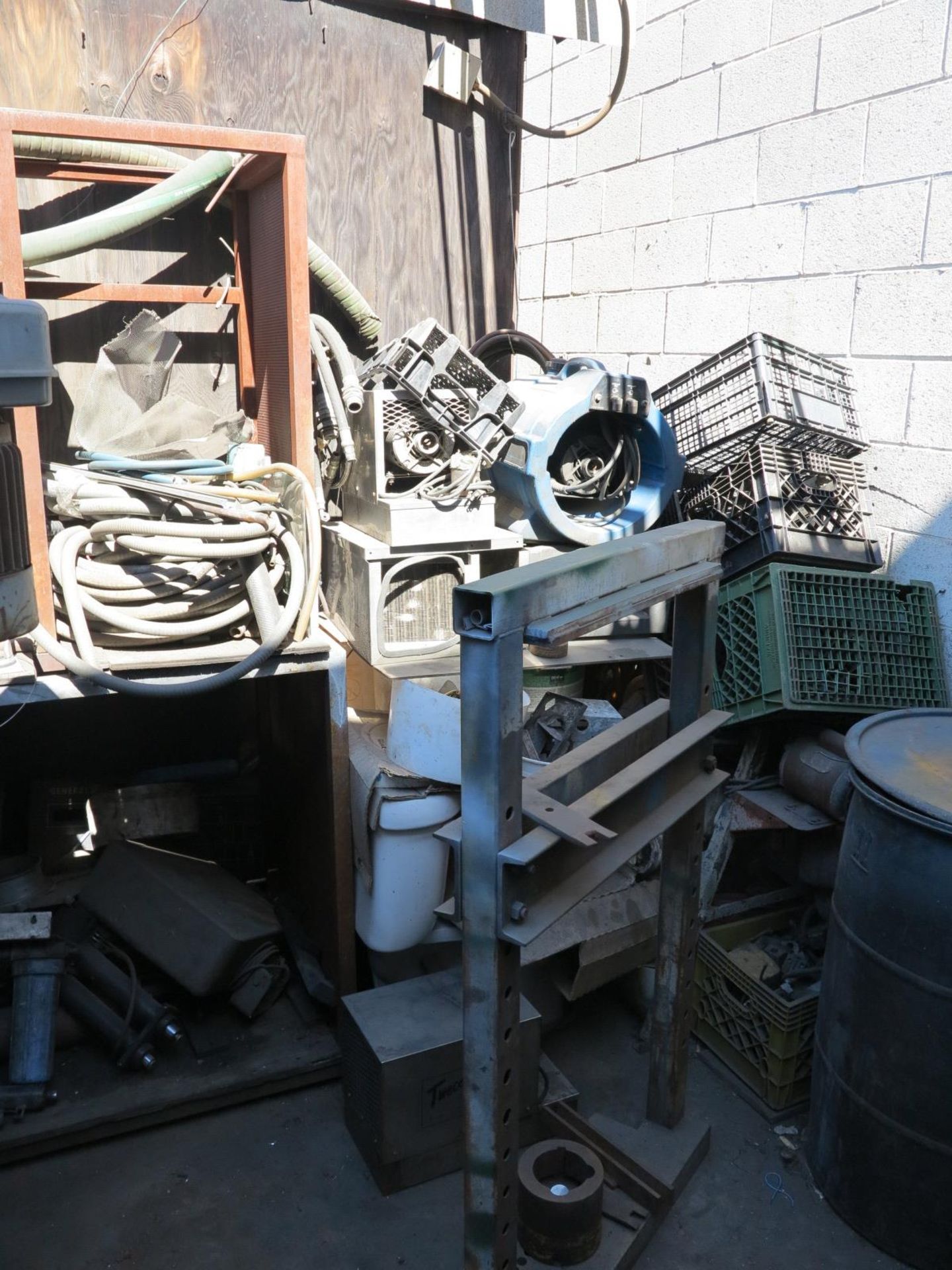 LOT - SHELF AND ITEMS IN CORNER: FAN, FILTERS, HOSE, PRESS FRAME, MOTORS, ETC. - Image 2 of 2