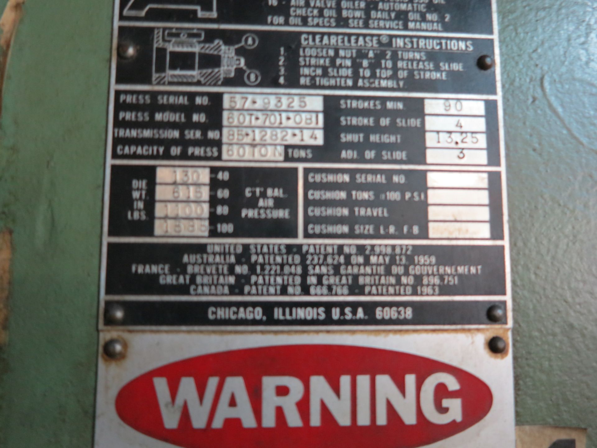 CLEARING TORC-PAC PUNCH PRESS, MODEL 60T-701-OBI, 60-TON, 90 SPM, CART WITH PUNCH PRESS DIES - Image 5 of 6