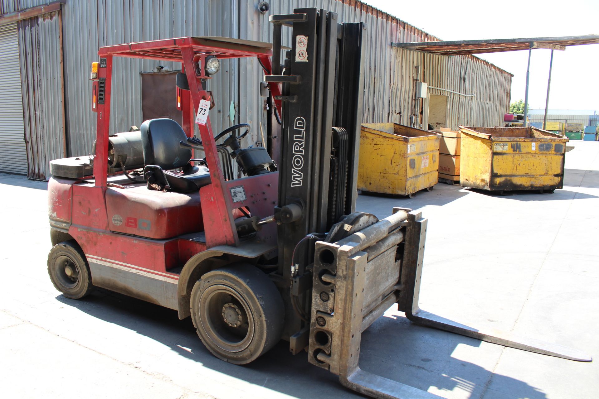 WORLD-LIFT FORKLIFT, MODEL WFG-497T, 6,000 LB CAP, 3-STAGE MAST, W/ FORK ROTATOR, S/N 318288B - Image 2 of 9