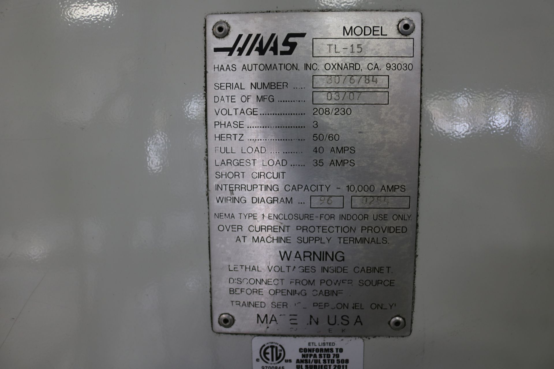 2007 HAAS TL-15 CNC TURNING CENTER, 8" 3 JAW CHUCK 23" SWING, 9.5" SWING OVER CROSS SLIDE, 2" BAR - Image 10 of 11