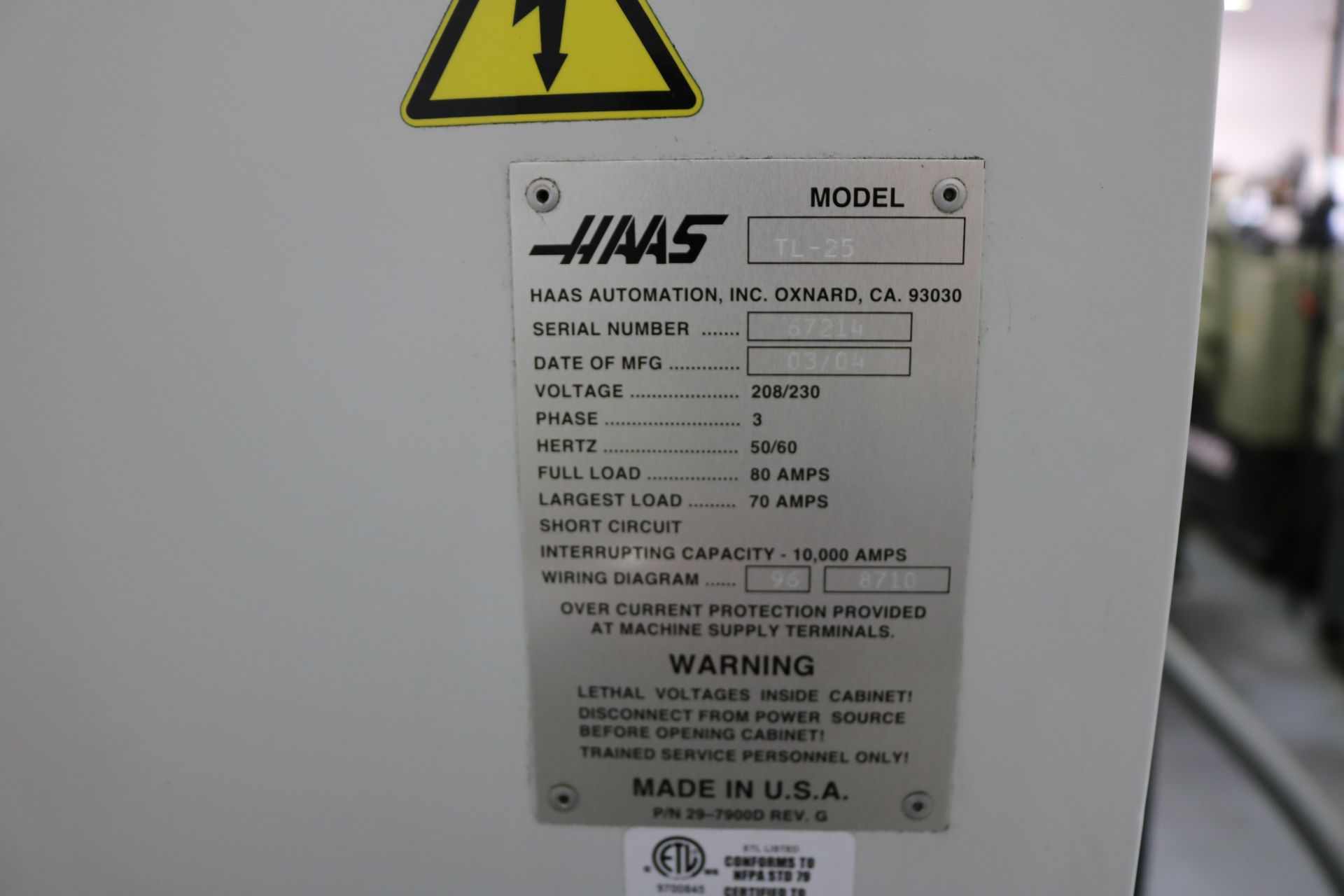 2004 HAAS TL-25 CNC TURNING CENTER, 10" 3 JAW CHUCK, 30" SWING, 14.5" SWING OVER CROSS SLIDE, 4" BAR - Image 11 of 13