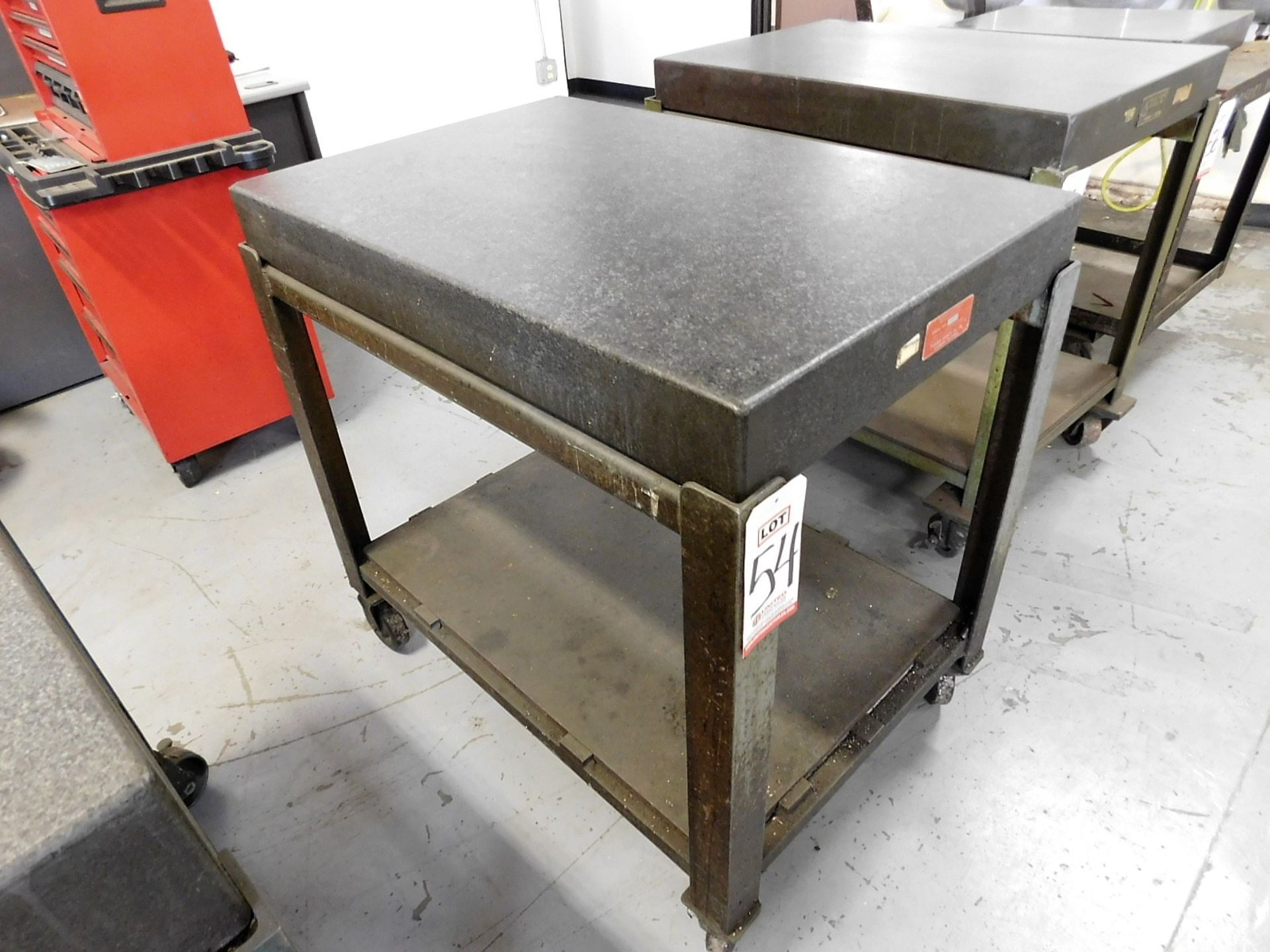GRANITE SURFACE PLATE, 24" X 36" X 4", W/ ROLLING STAND, 36" WORK HEIGHT