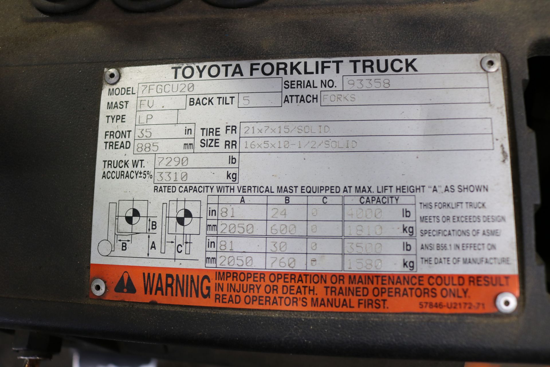 TOYOTA FORKLIFT, MODEL 7FGCU20, 4,000 LB CAPACITY, LPG, S/N 93358 - Image 8 of 8