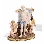 GRUPPE "SATURN MIT AMORETTEN". Meissen. 19.Jh. Modell M.V. Acier. Porzellan, farbig und gold