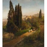 Achenbach, Oswald Düsseldorf 1827 - 1905 Malerin unter Zypressen im Park der Villa d'Este bei Rom.