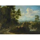 Moucheron, Frederic de 1633 Emden - 1686 Amsterdam Südliche Landschaft mit Wasserfall und Hirten.