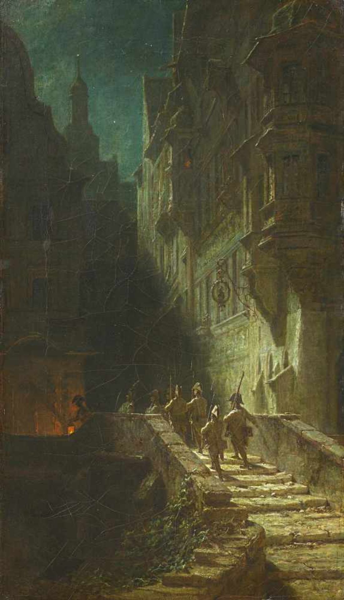 Spitzweg, Carl München 1808 - 1885 Die Scharwache. Öl auf Leinwand. Wohl doubliert. 54 x 31,5cm.