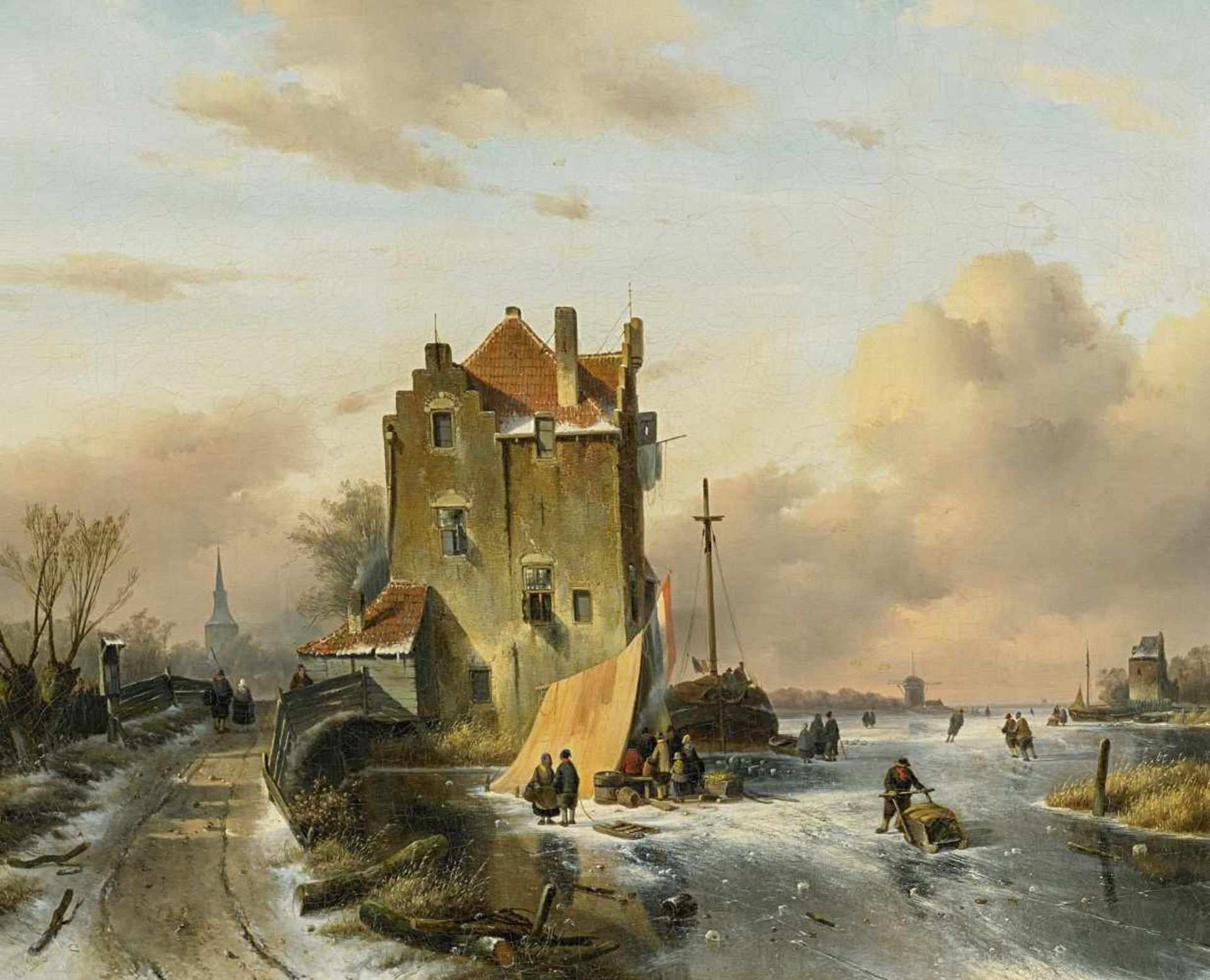 Leickert, Charles 1818 Brüssel - 1907 Mainz Zugefrorener holländischer Kanal mit Marktzelt. Öl auf