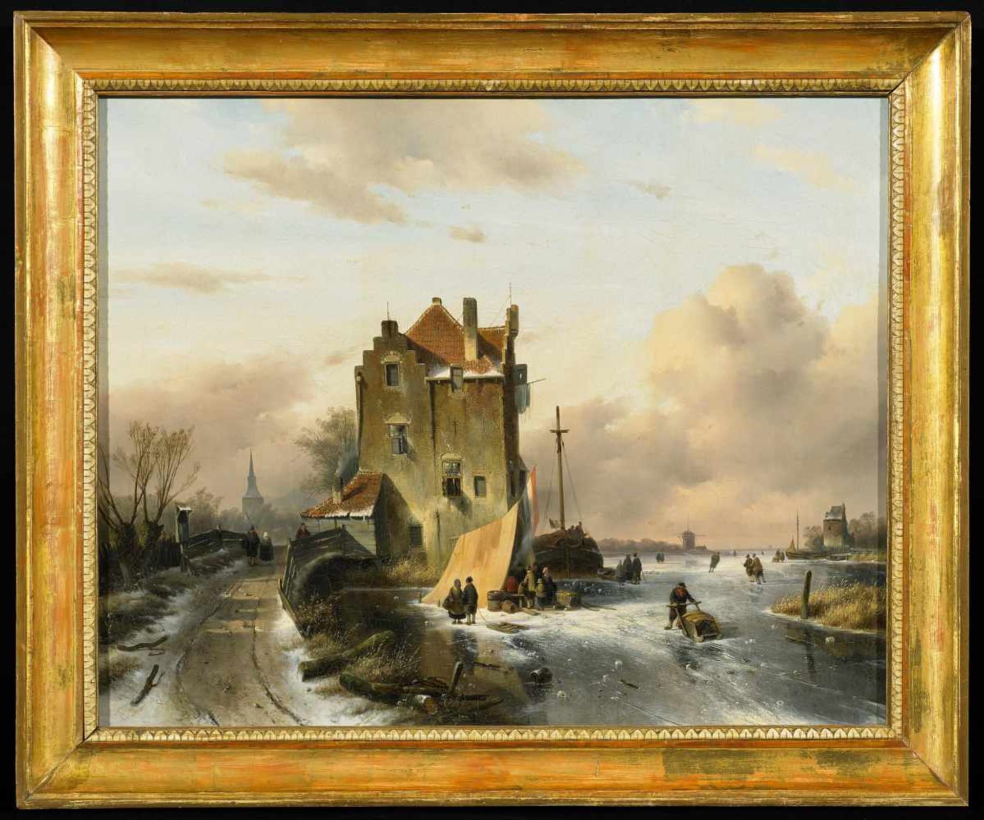 Leickert, Charles 1818 Brüssel - 1907 Mainz Zugefrorener holländischer Kanal mit Marktzelt. Öl auf - Bild 2 aus 3