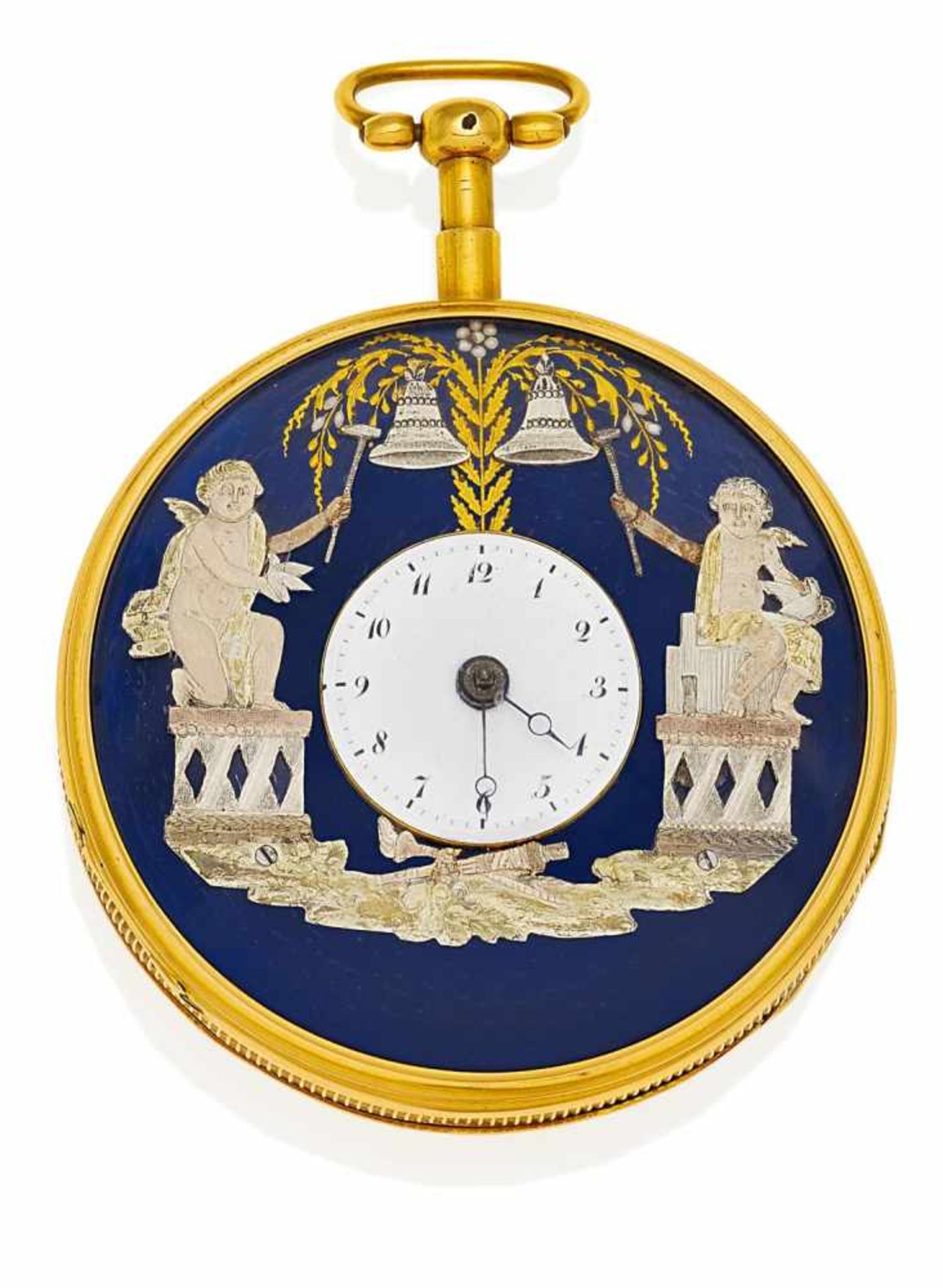 TASCHENUHR. Frankreich, um 1880. Schlüsselaufzug. 750/- Gelbgold, blaues Email (defekt).