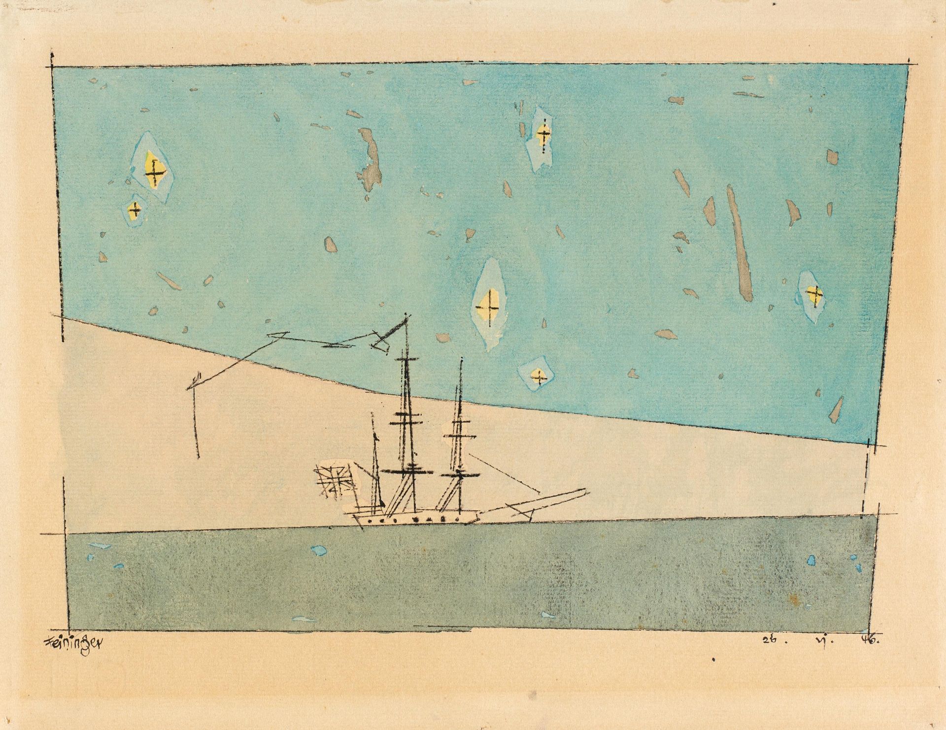 Feininger, Lyonel New York 1871 - 1956 Sailing Ship. 1946. Tinte und Aquarell auf Maschinenbütten. - Image 2 of 2