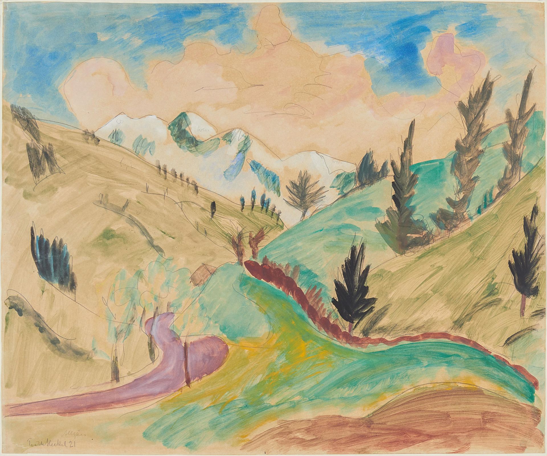 Heckel, Erich 1883 Döbeln - 1970 Radolfzell "Allgäu". 1921. Aquarell und Tempera über