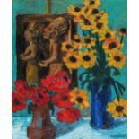 Nolde, Emil 1867 Nolde - 1956 Seebüll Holzplastik und Blumen. 1928. Öl auf Holz. 88,5 x 73,5cm.