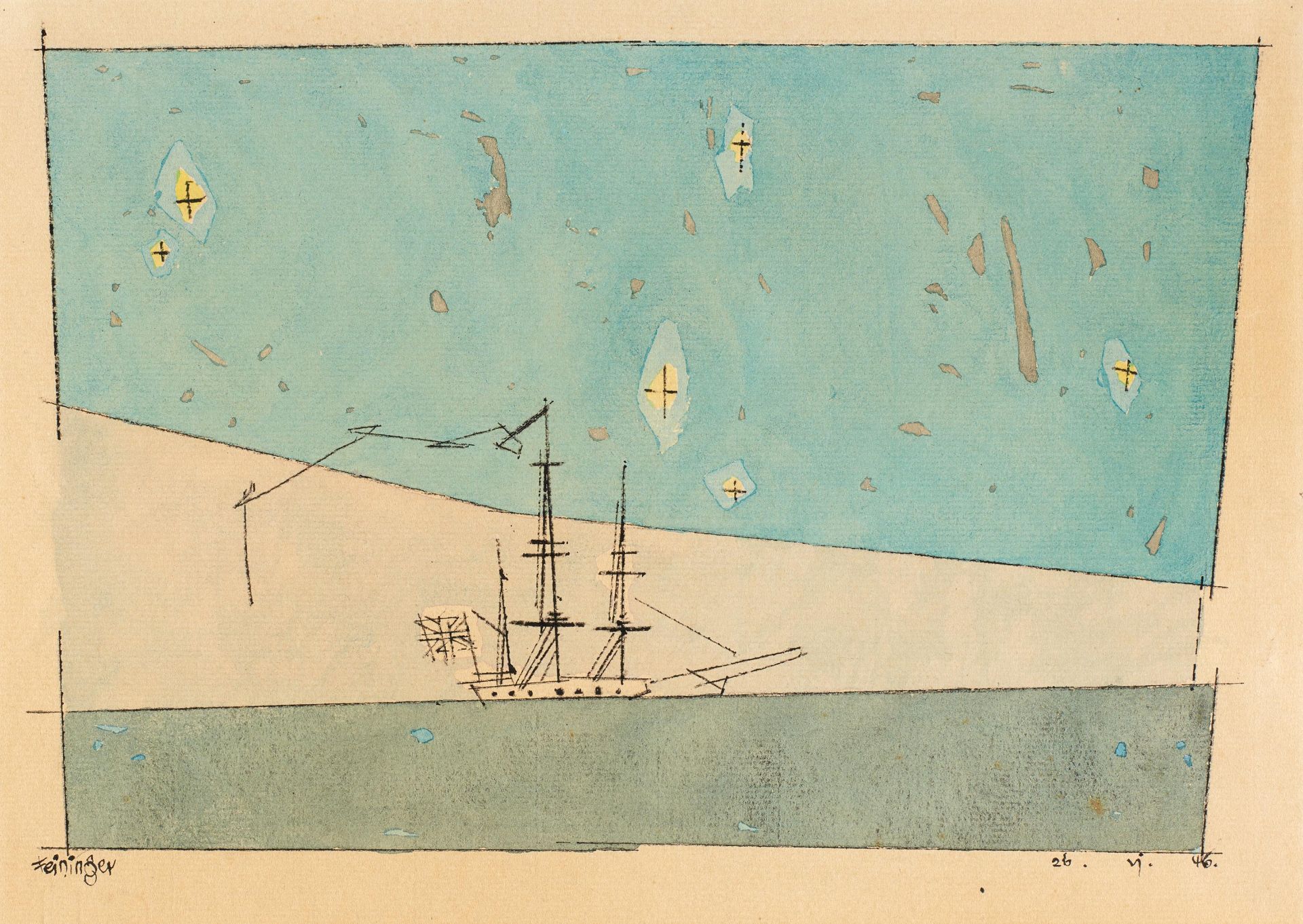 Feininger, Lyonel New York 1871 - 1956 Sailing Ship. 1946. Tinte und Aquarell auf Maschinenbütten.