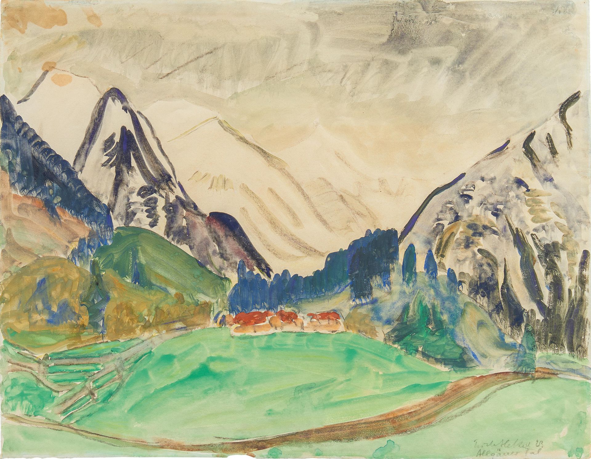 Heckel, Erich 1883 Döbeln - 1970 Radolfzell "Allgäuer Tal". 1923. Aquarell und Tempera über