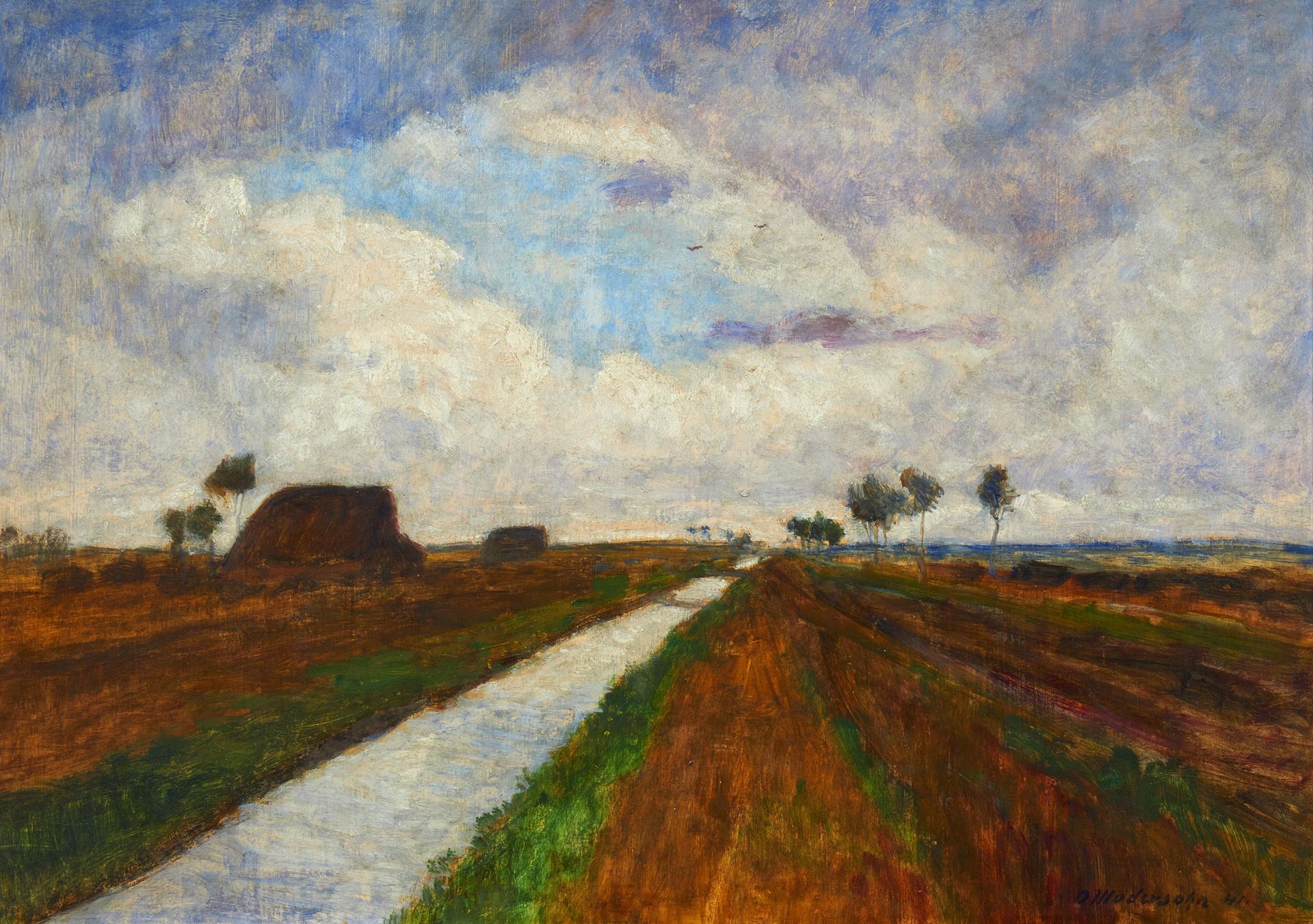 Modersohn, Otto 1865 Soest - 1943 Rotenburg Moorlandschaft. 1941. Öl auf Papier. Auf Holz