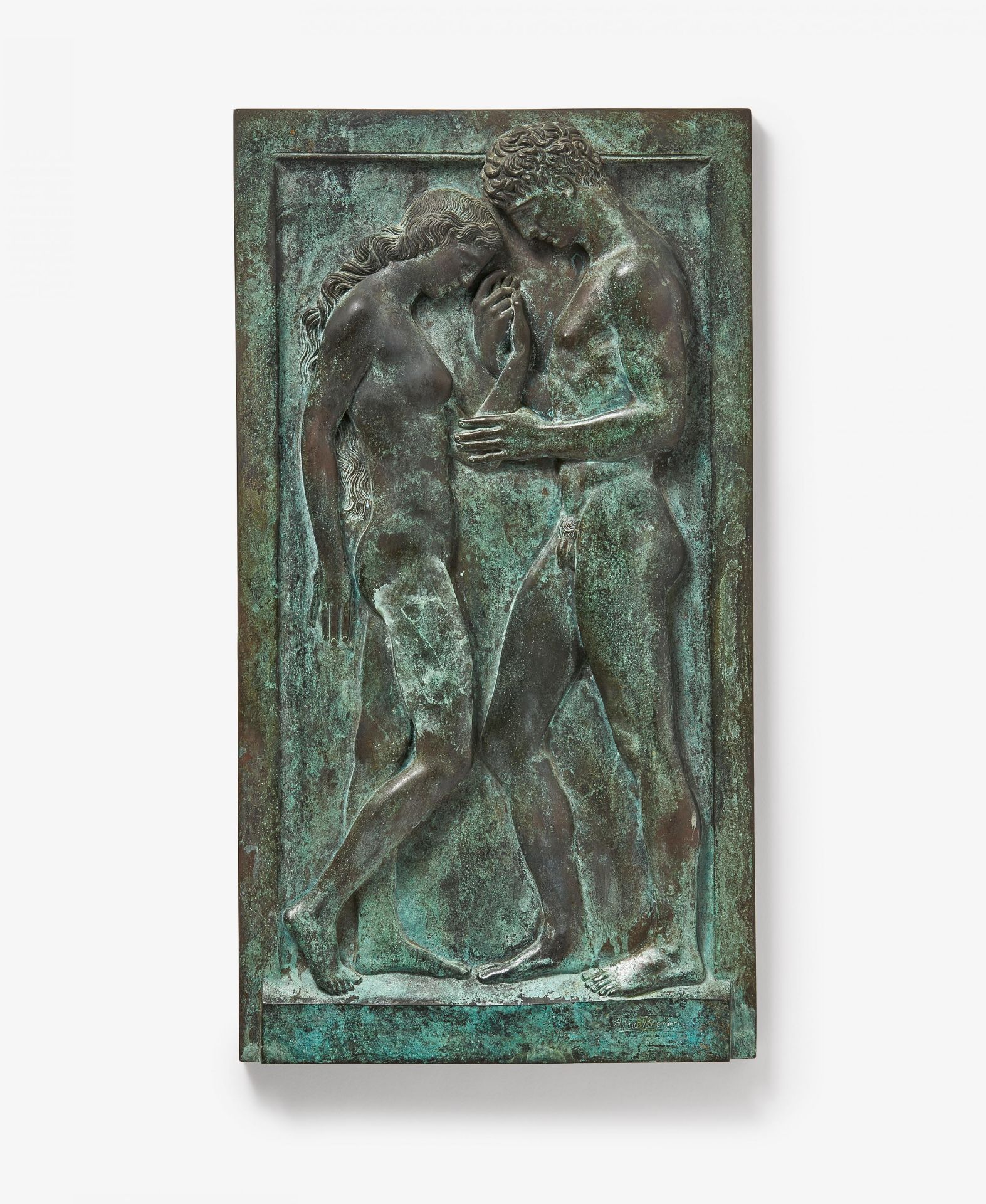 Breker, Arno 1900 Elberfeld - 1991 Düsseldorf "Du und ich". 1944. Bronzerelief. , grünschwarz