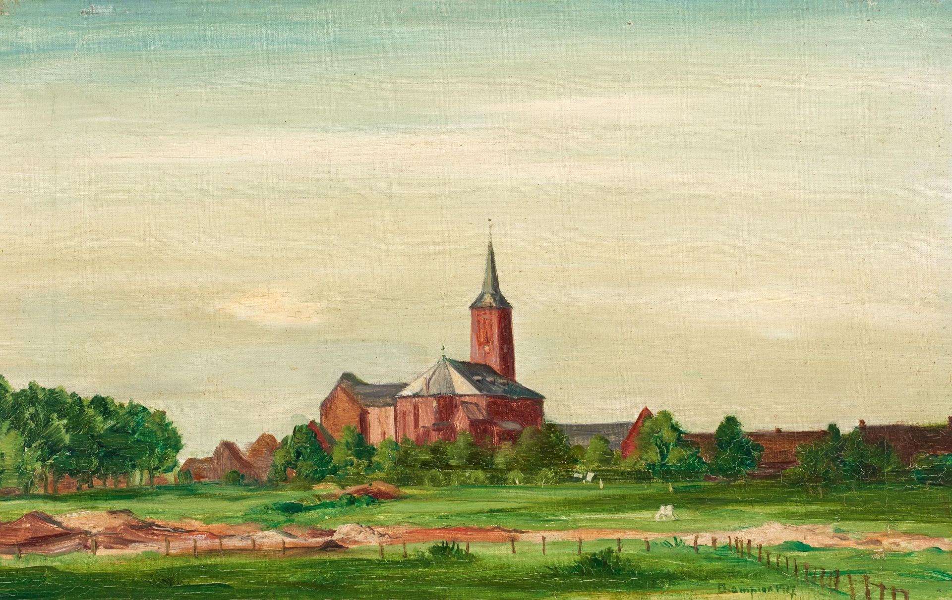 Champion, Theo 1887 Düsseldorf - 1952 Zell/Mosel Ansicht eines Dorfes mit Kirche. 1927. Öl auf