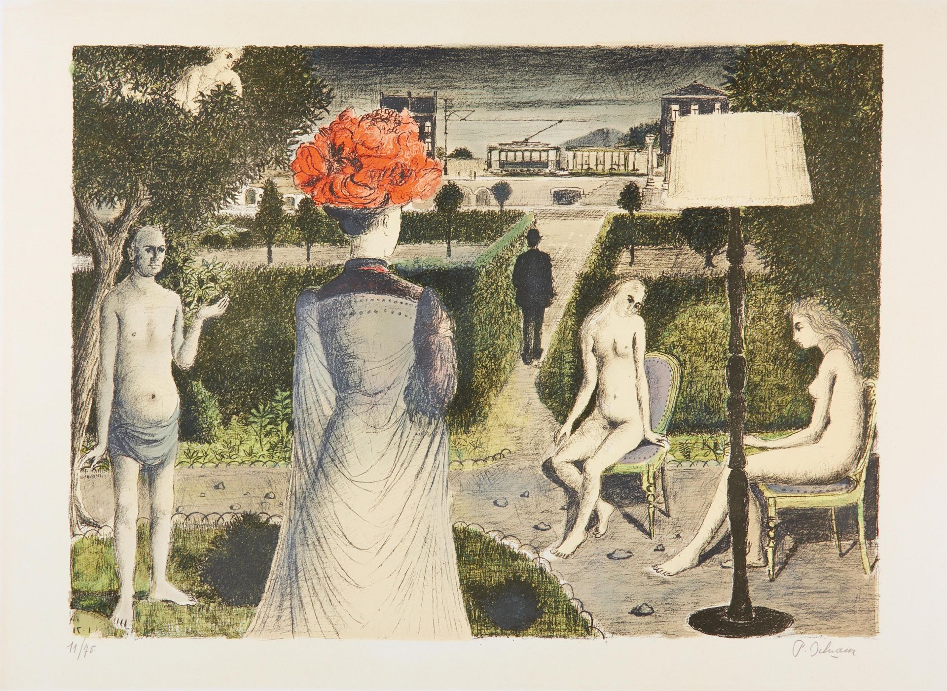 Delvaux, Paul 1897 Antheit/Liège - 1994 Furnes Le jardin. 1971. Farblithografie auf Arches (