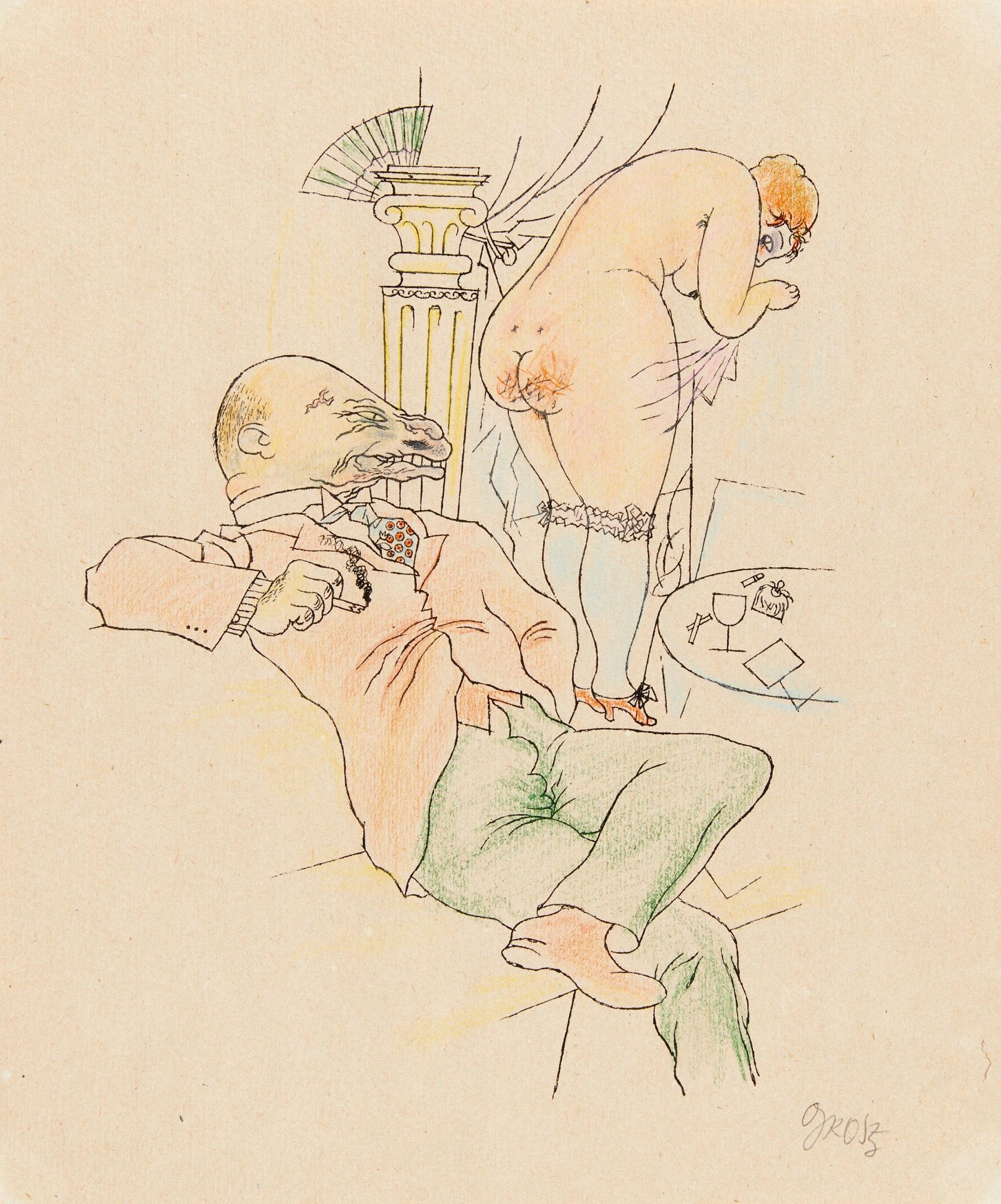 Grosz, George Berlin 1891 - 1959 Meine Kegelbahn. 1920/21. Kolorierte Lithografie auf Japan. 29 x