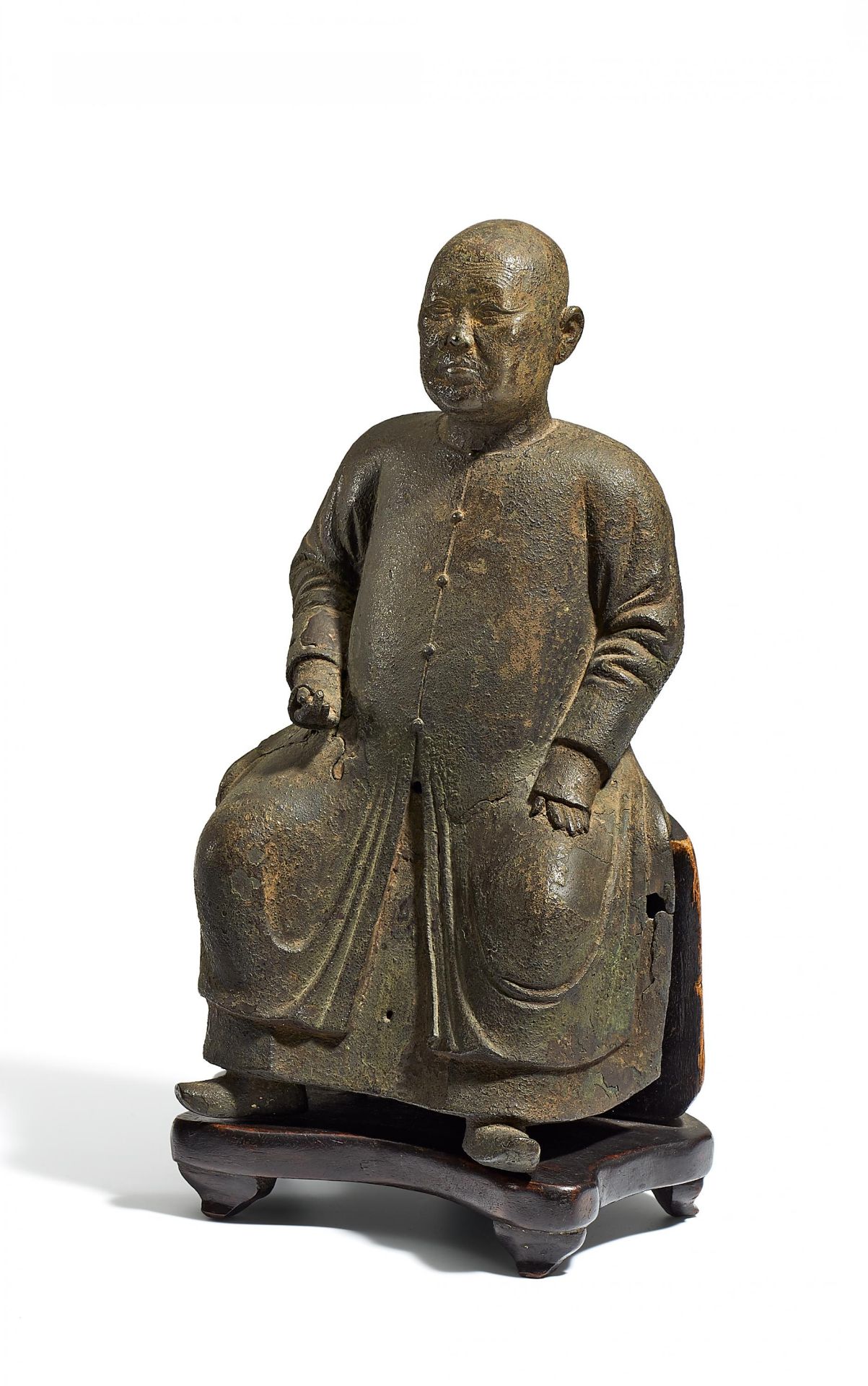 PORTRAITFIGUR EINES MANDSCHU-ADLIGEN. China. Qing-Dynastie. Bronze mit dunkler Patina und Resten der