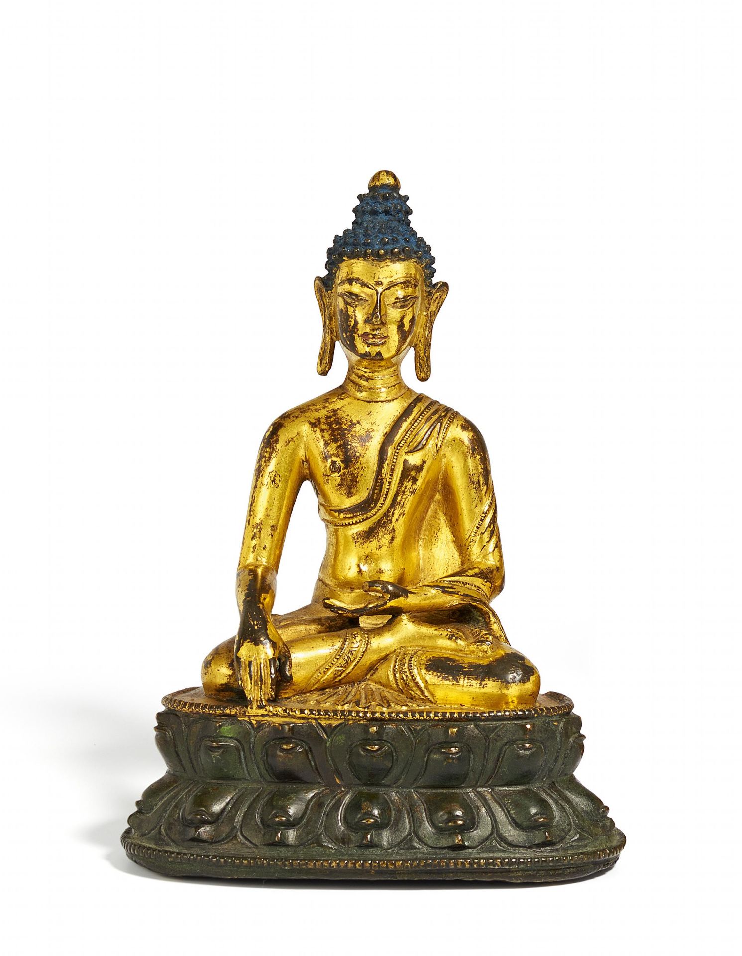 BUDDHA SHAKYAMUNI. Sinotibetisch. 18. Jh. Bronze, teils feuervergoldet und mit polychromer Bemalung.