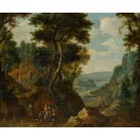 Bout, PieterBrüssel 1658 - 1719Landschaft mit Reisenden vor einem Flusstal. Öl auf Leinwand.