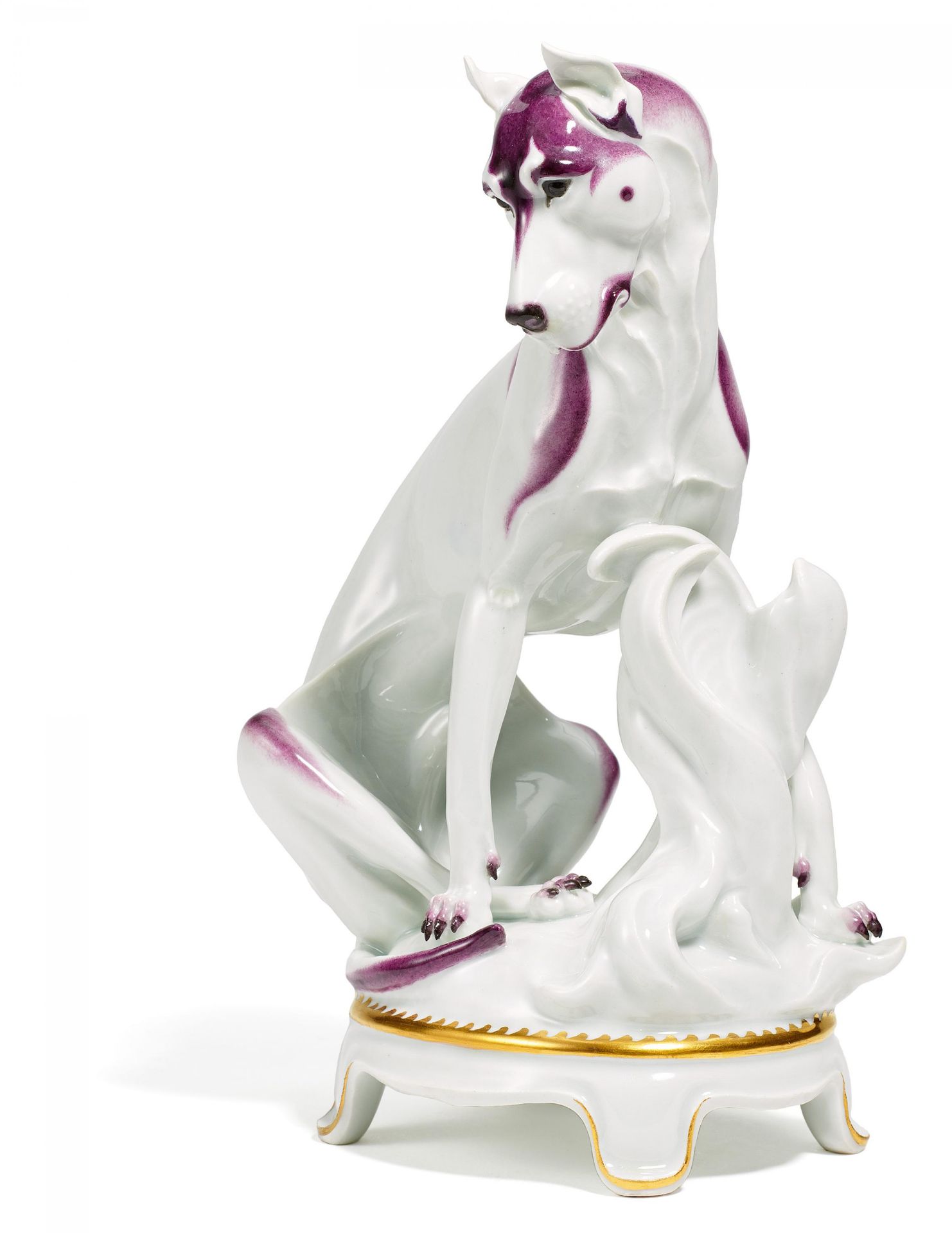 DOGGE. Meissen. 1923. Modell M. Esser, 1923. Urstück Nr.6. Porzellan, farbiges Dekor. Höhe 25cm.